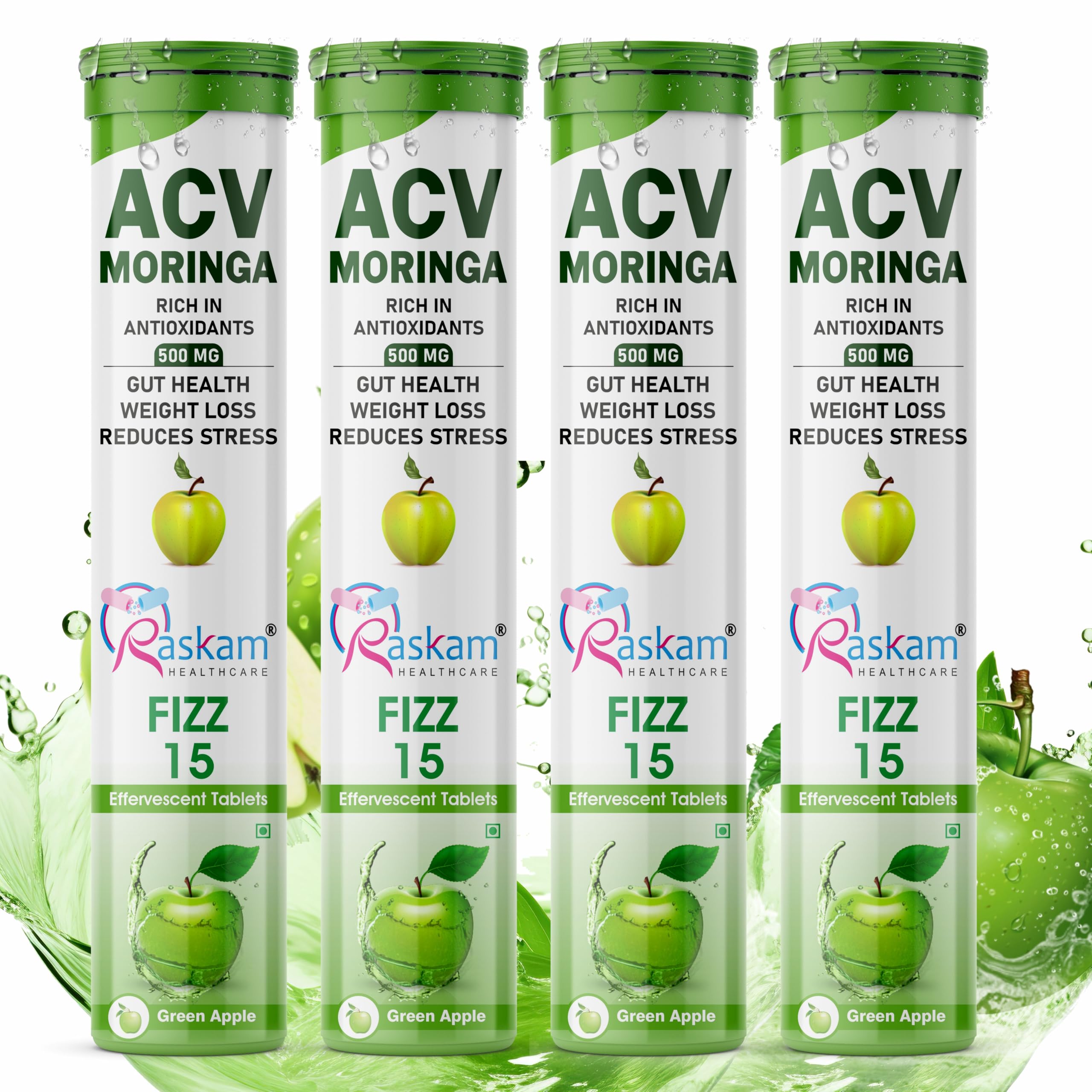 Raskam Healthcare ACV Moringa 15 Effervescent Tablets 500mg Apple Cider Vinegar With No Added Sugar For Gut Health | Immunity Booster | Weight Loss | (Pack of 4, Refreshing Green Apple Flavour)