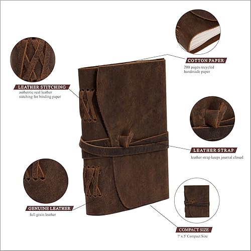 Miniatura 70 de Diario de viaje de cuero, cuaderno encuadernado vintage hecho a mano para hombres y mujeres, acabado antiguo, cuero de búfalo auténtico, papel