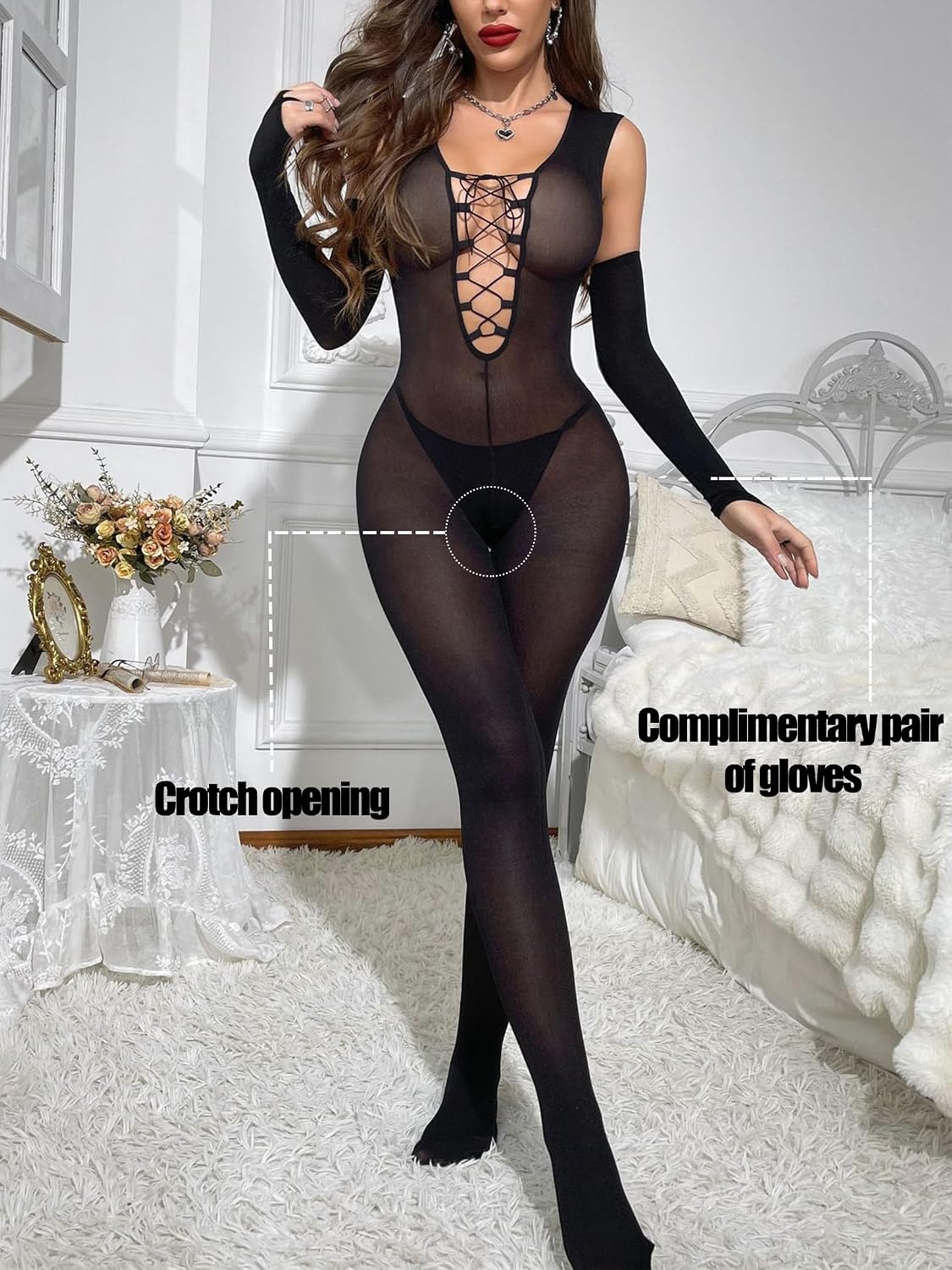 RUIBAVYA Bodystocking for Women Sleeveless Matte Full-body Bodysuit Crossed Chest Straps Deep V Jumpsuit Includes Gloves