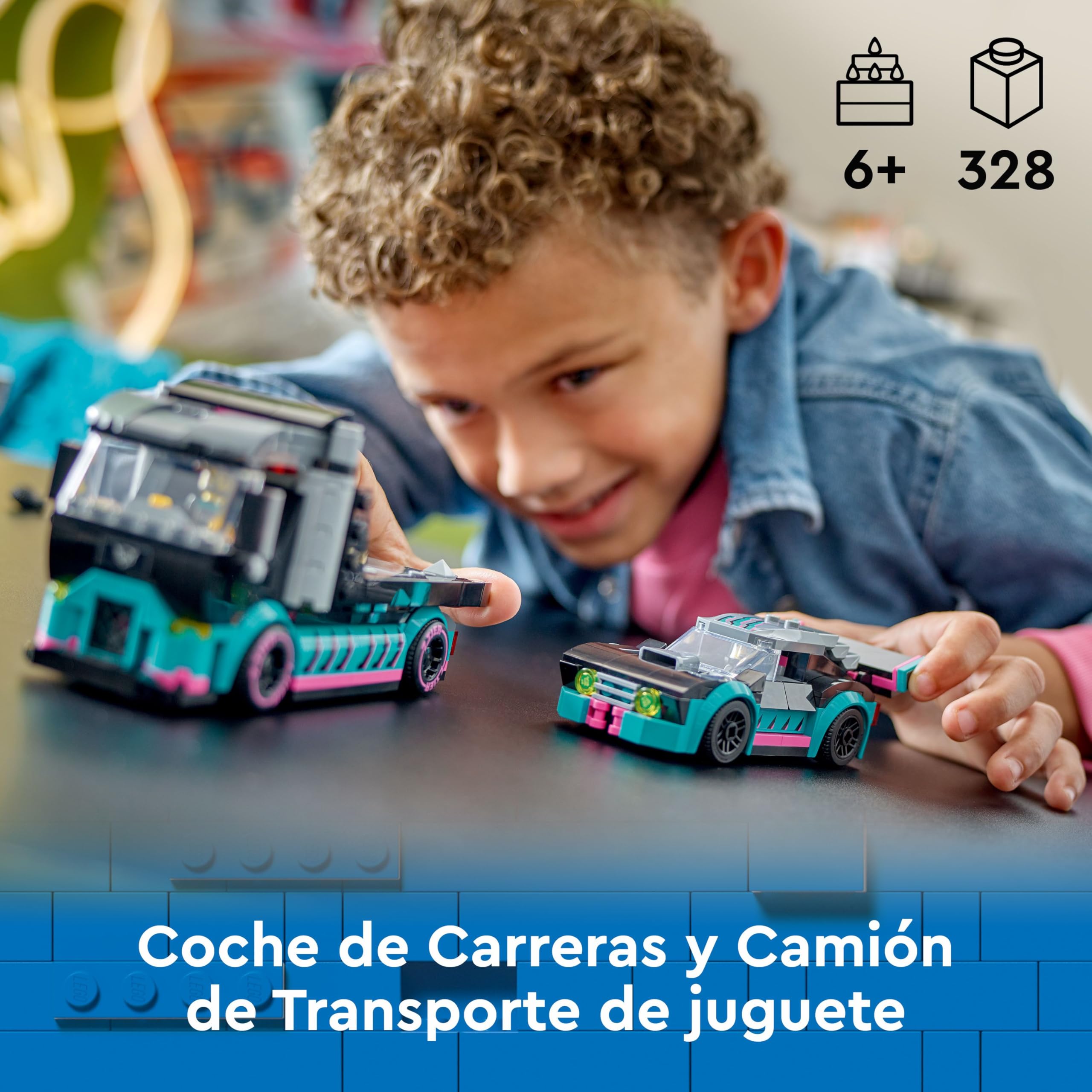 LEGO City Coche de Carreras y Camión de Transporte de Juguete, Juego de Construcción con Vehículo de Competición, Minifiguras de Piloto y Camionero, Regalo para Niños y Niñas de 6 Años o Más 60406