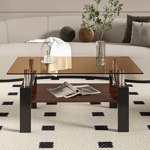 Miniatura 22 de Mesa de centro rectangular de vidrio para sala de estar, con mesa de vidrio templado y capa de MDF, para sala de estar y oficina (todo negro + Todo