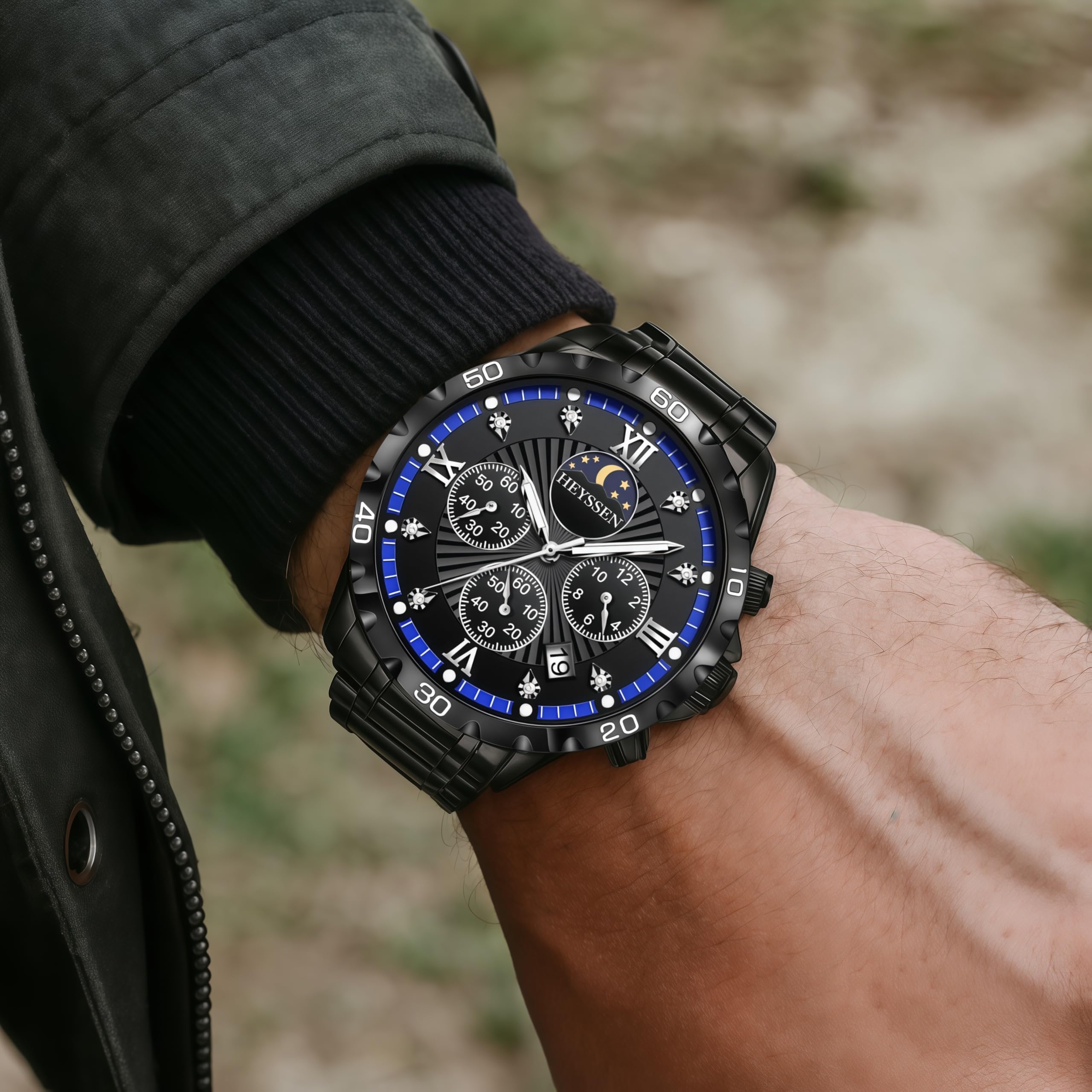 Watches for Men Stainless Steel: Dress Watch for Mens Quartz Analog Wrist Luxury Black Metal Tone Blue Dial Big Classic Diver Waterproof Chronograph Black Face Business Man Gift