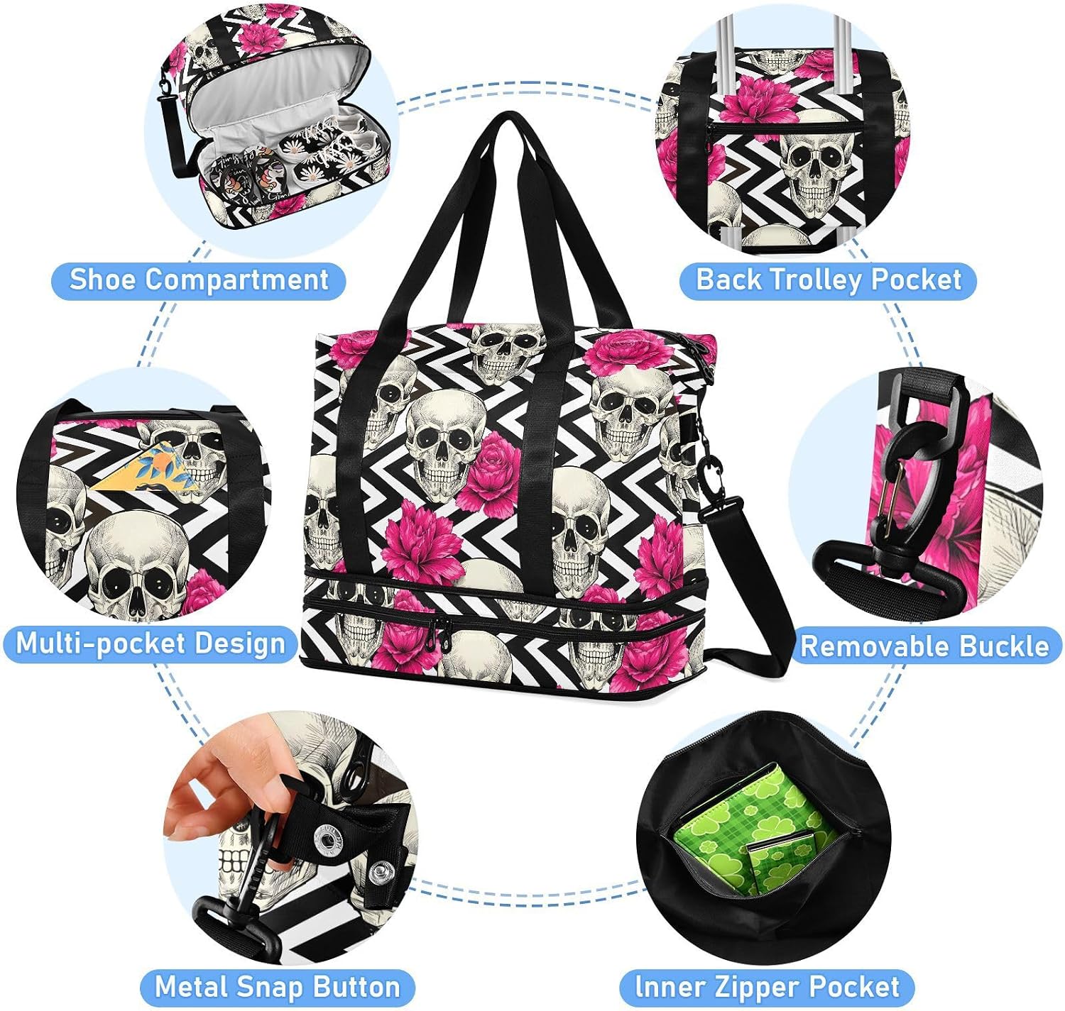 Skull Weekender Gym Bag for Women - Red Flowers Sports Duffle Travel Tote with Toiletry Bag, Shoes Compartment & Dry/Wet Separation