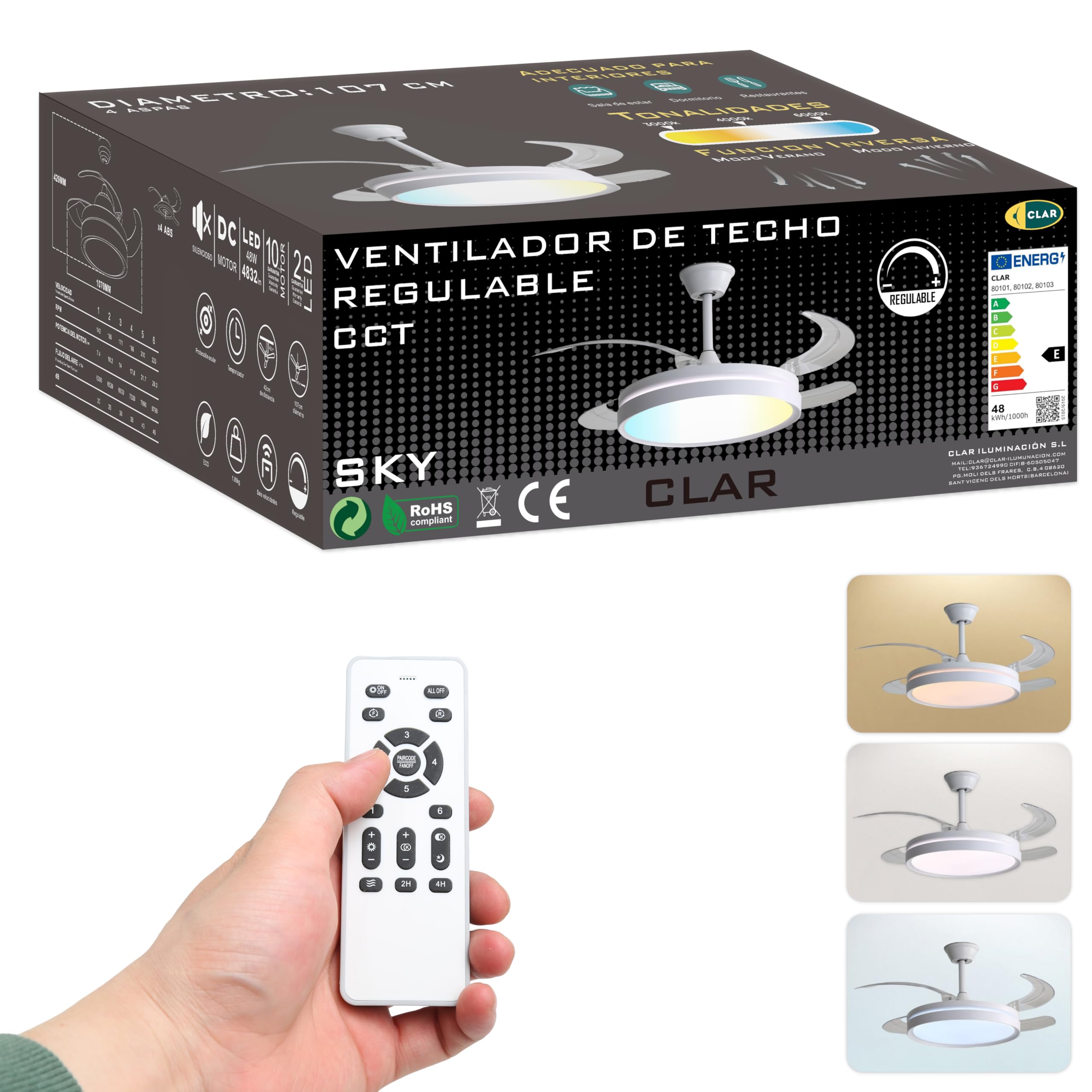 CLAR Ventilador Techo Aspas Retráctiles, Ventilador de Techo con Luz, Silencioso con Mando, Aspas Plegables y Motor Reversible, Ceiling Fan with Light (Blanco, 48W)