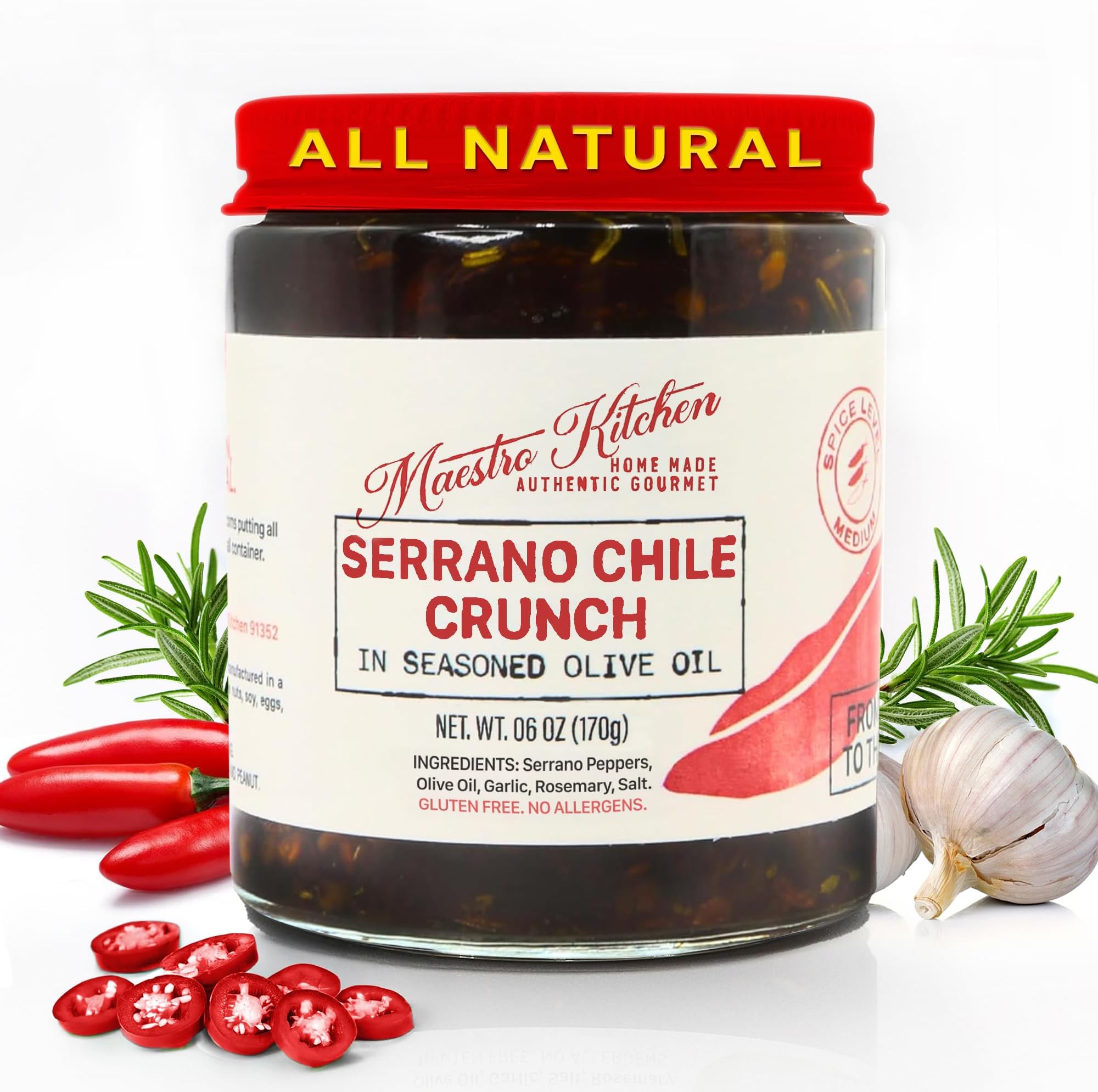 Spicy Serrano Pepper Chile Crunch Crisp 6oz - All Natural Chili Oil Hot Sauce w/ 100% Olive Oil, Garlic & Rosemary - Crunchy Mexican Taco & Cooking Seasoning – Keto Friendly Vegan Gluten Free