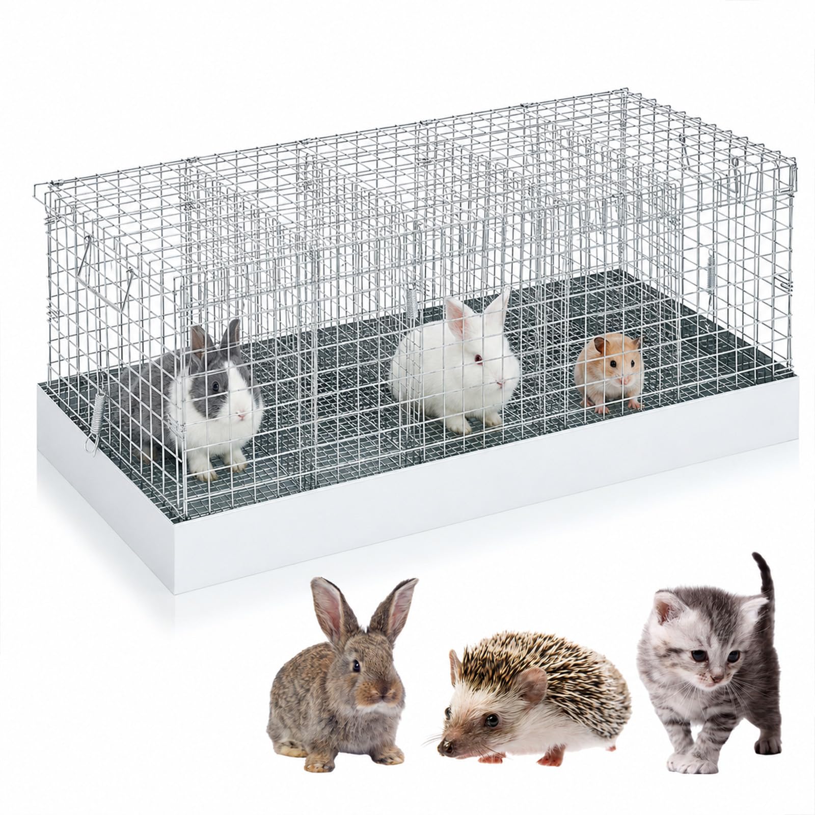 DoubleFill 5 Hole Folding Rabbit Transport Cage 30 x 12 x 12 in Portable Bunny Carrier with Tray and Handles for Transport, Travel or Temporary Housing, Pet Habitat Animal Enclosure(Silver)
