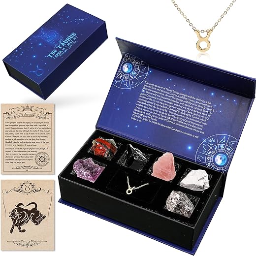 Junkin Taurus Crystals Christmas Gift Set, 6 Pieces Zodiac Sign Healing Taurus Crystals Birthstones with Necklace Horoscope Box Set, Spiritual Gifts for Daughter Wife Sisters Friends