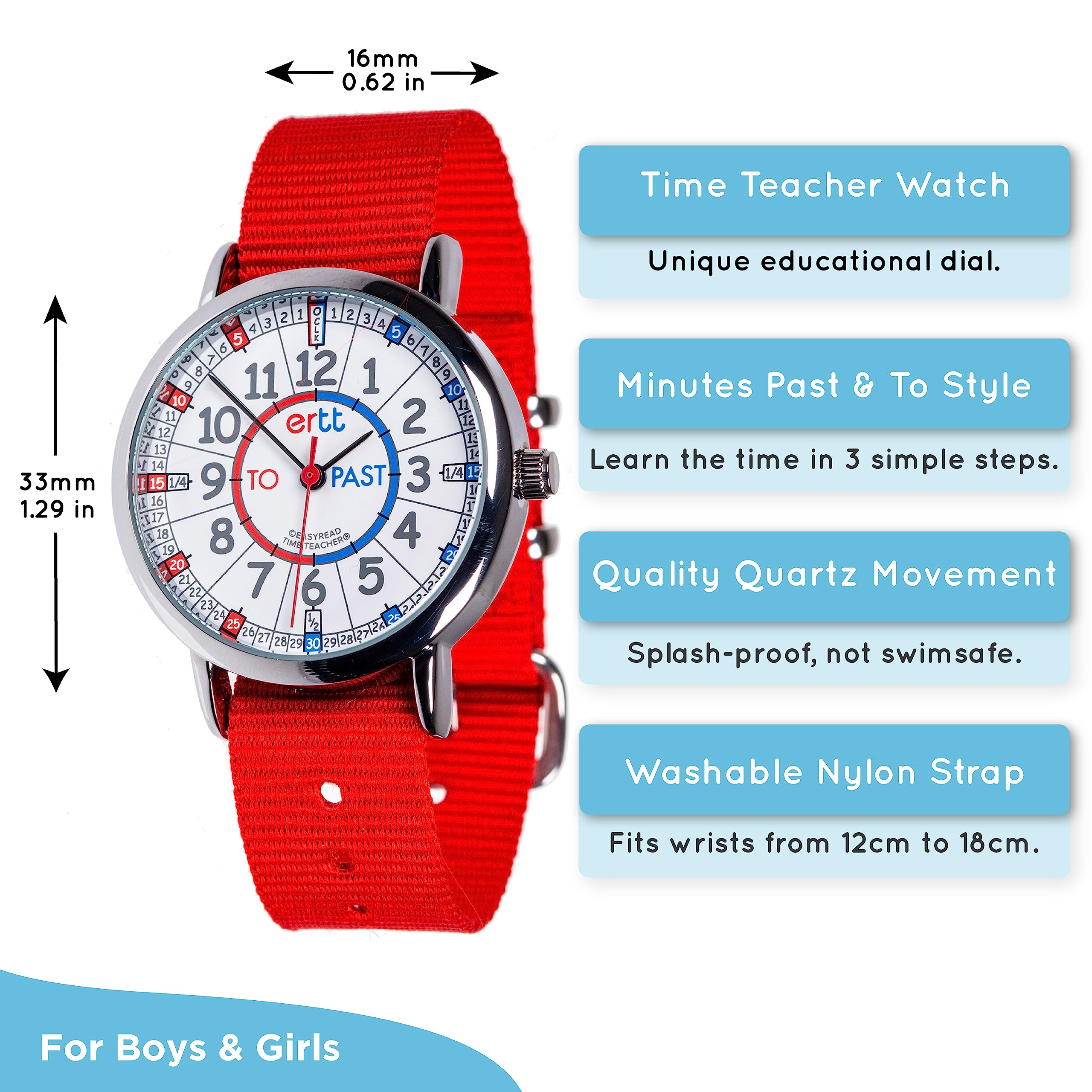 EasyRead Time Teacher Kids Analog Watch - Girls & Boys Teaching Watch - Tell The Time Childrens Watch - 3 Step Time Teacher Kids Watch - Easy to Read Dial & Red Blue Face - Red Strap