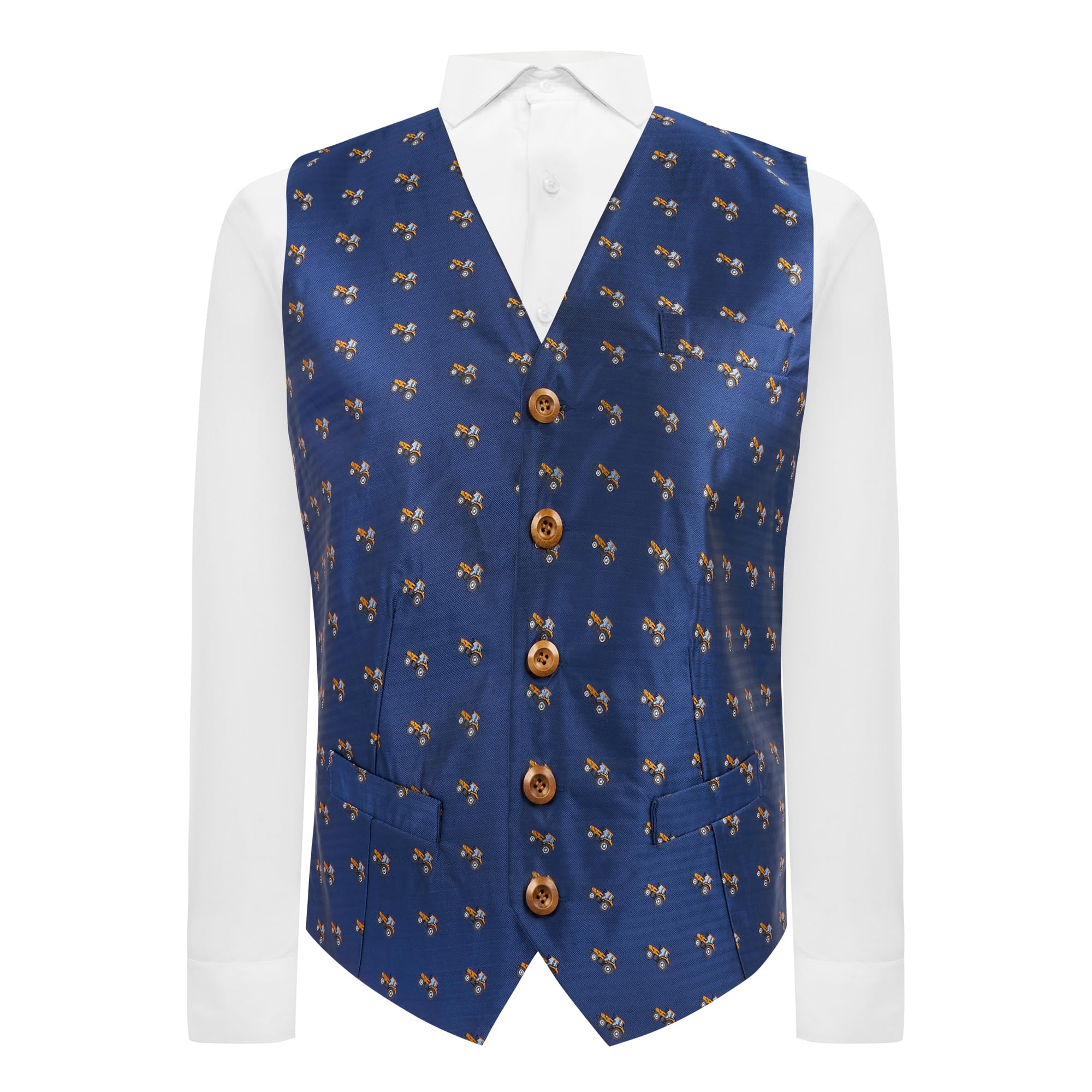 King & Priory Navy Blue Herringbone Embroidered Tractor Waistcoat - L