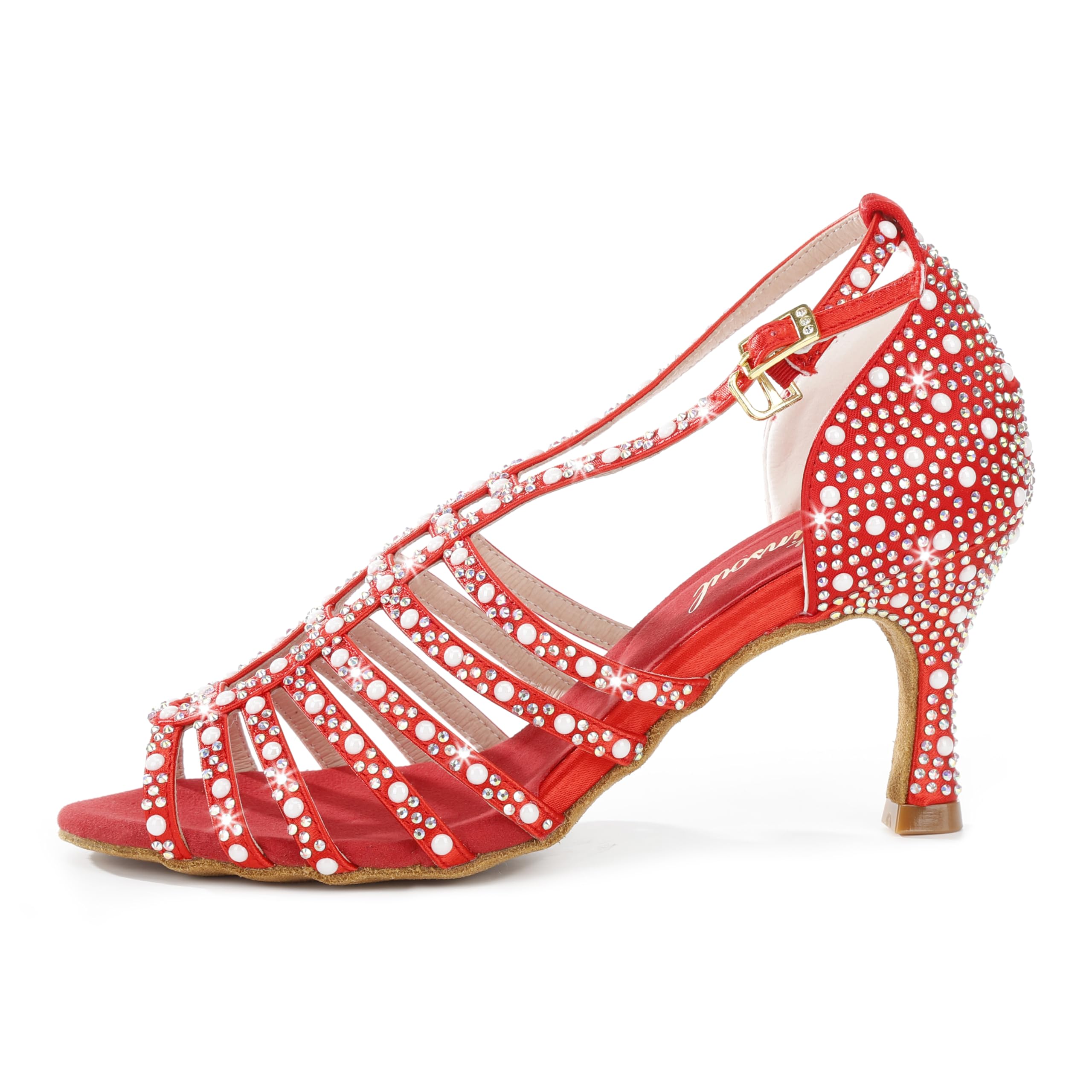 Latinsoul Y205-32 Damskie eleganckie buty do tańca latynoamerykańskiego z kryształkami wysokie obcasy wygodne sandały z regulowanym paskiem na kostkę do tańca towarzyskieg