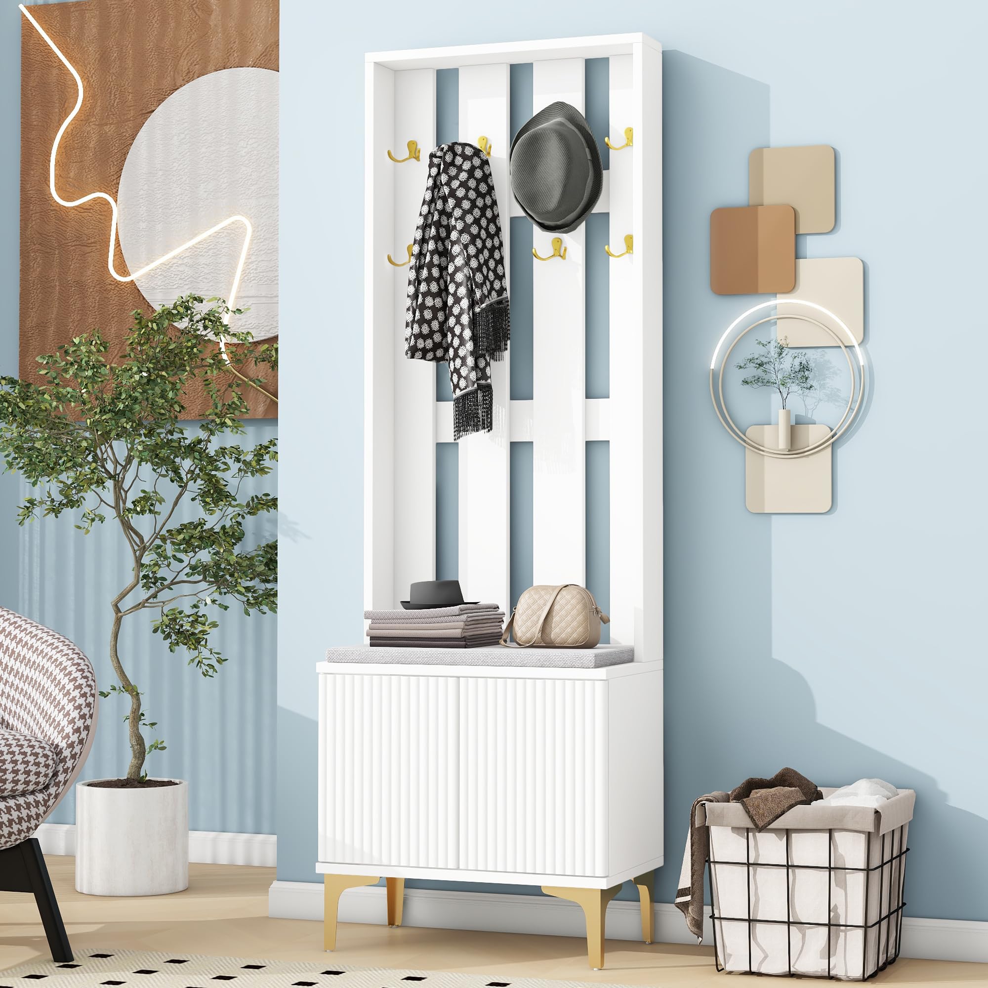 Merax Wood Hall Tree Entryway Bench with Cushion, Farmhouse Mudroom Versatile Coat Racks with 8 Gold Hooks and Legs, Entrance Organizer for Hallway White