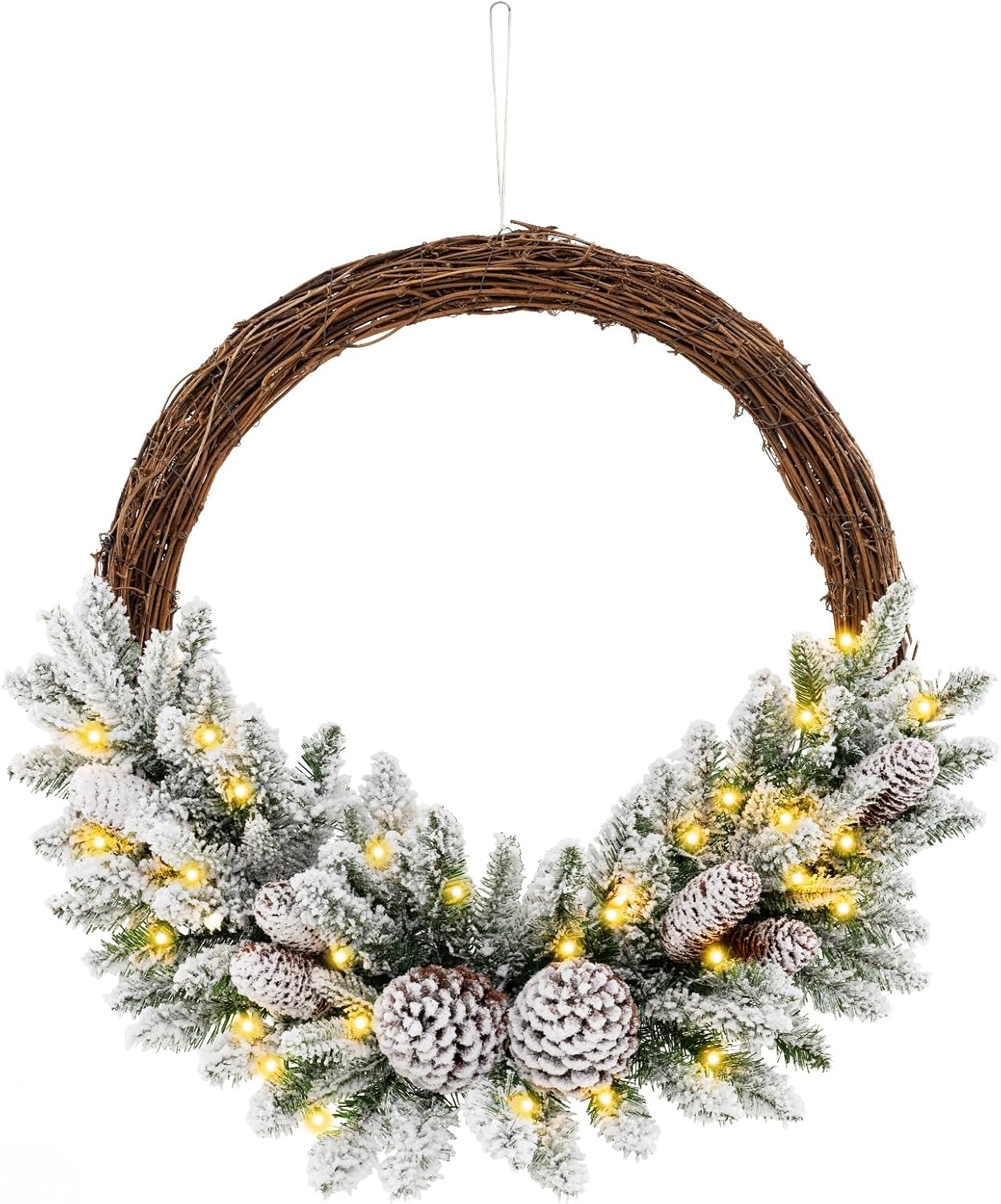 Goplus 24” Pre-Lit Artificial Christmas Wreath, Snow Flocked Xmas Wreath with 35 Battery Operated Warm White LED Lights, 65 PVC & PE Branch Tips, Pine Cones, Rattan, Front Door Window Decoration