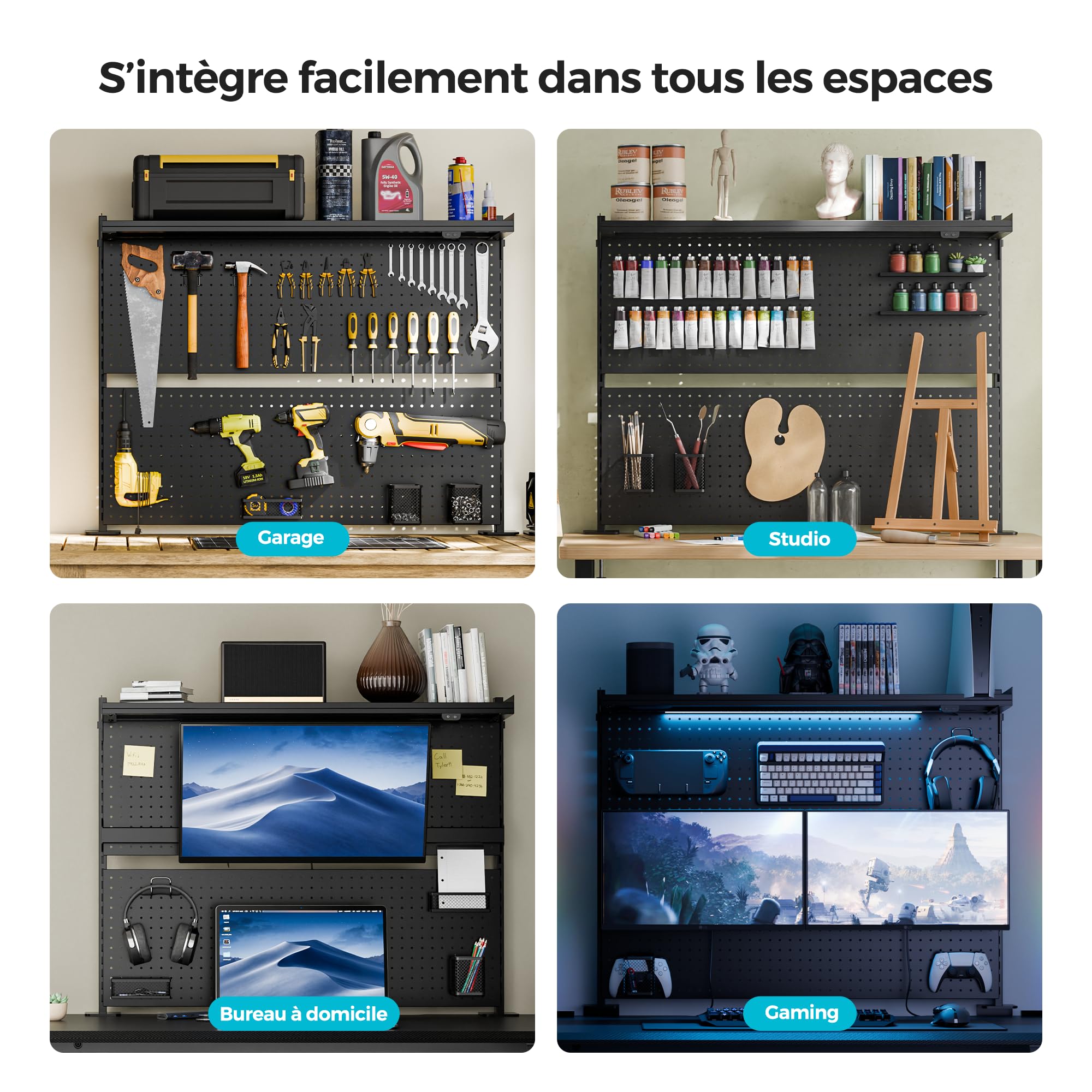 EUREKA ERGONOMIC Desk Pegboard,Panneau perforé en Acier avec Double Support pour écran,Accessoires de Bureau d'ordinateur pour Bureau, 4 Accessoires à Suspendre modulaire,110 × 29 × 86,8 cm, Noir