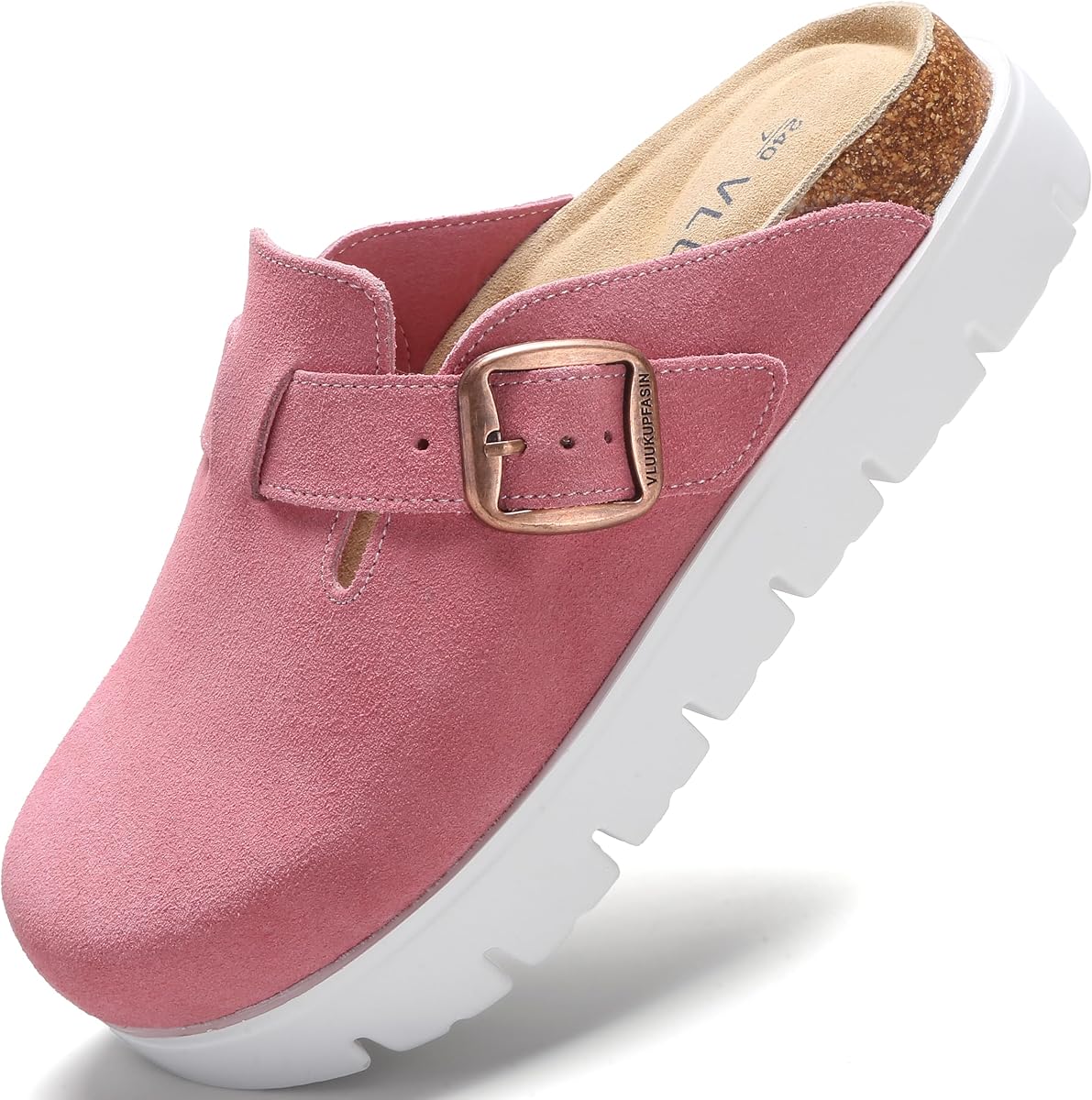 Women's Suede Platform Clogs Chunky Mules Slip On | Arch Support Comfort, Cushioned Footbed, Adjustable Buckle Fit, Water Repellent Upper, Indoor Outdoor Use, All Day Comfort