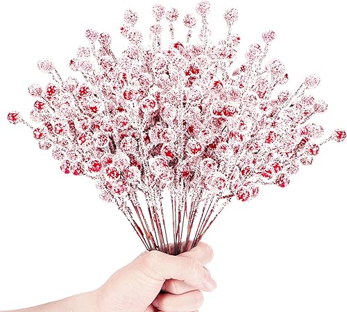24 piezas de púas artificiales de bayas en aerosoles de nieve esmeriladas de Navidad, ramas de invierno para rellenos de árboles de Navidad,