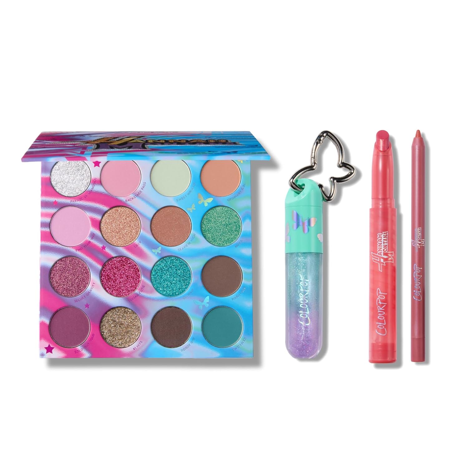 ColourPop x Disney's Hannah Montana Makeup Bundle - 16-Shade Best of Both Worlds Eyeshadow Palette + Shimmer Lip Gloss Keychain + Malibu Dreaming Lippie Kit - Limited Edition Gift Set