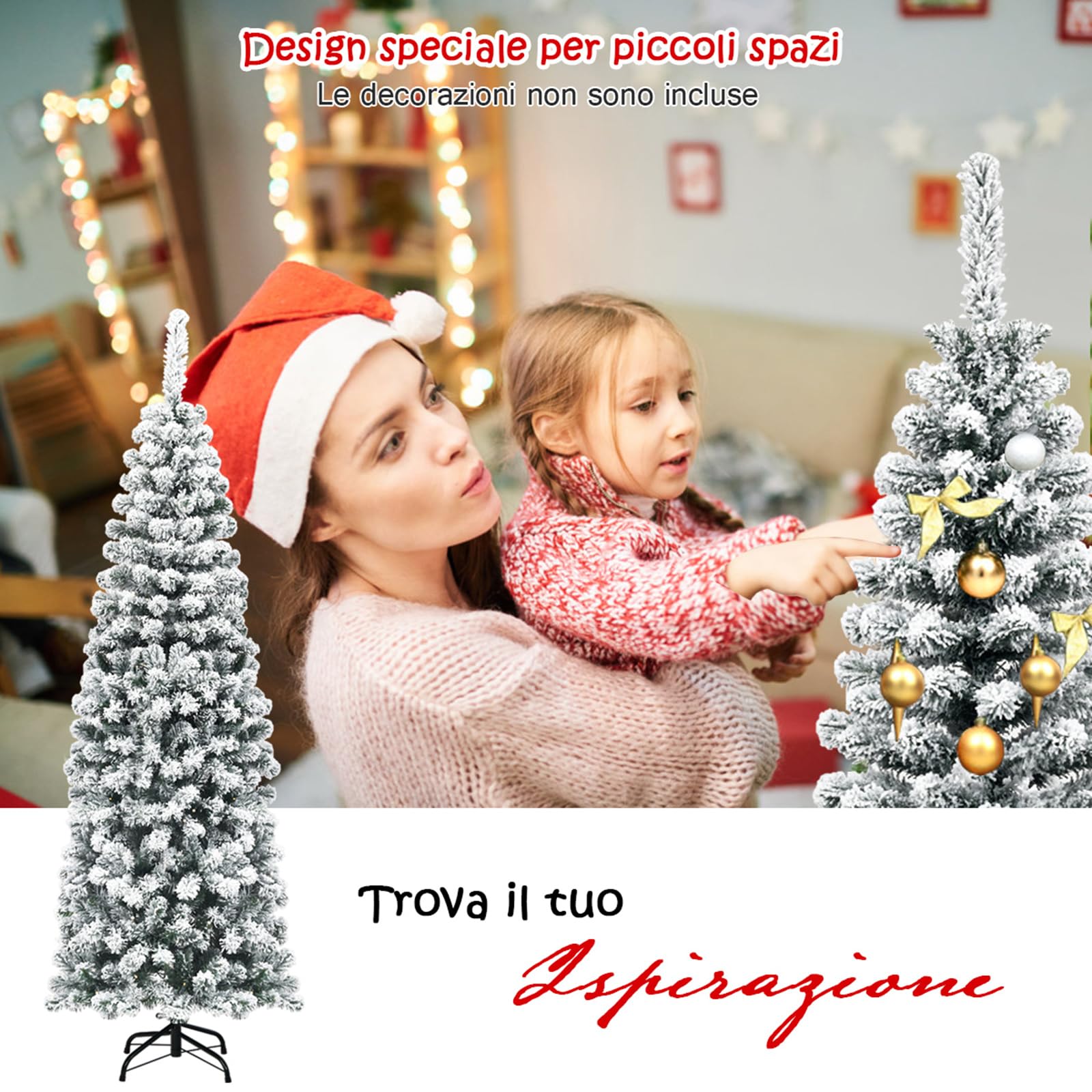 COSTWAY Albero di Natale Innevato 140/180/225 cm, Albero di Natale Artificiale Slim con 242/500/641 Rami Realistici e Folti e Base Pieghevole di Metallo, Apertura a Ombrello (180 cm)