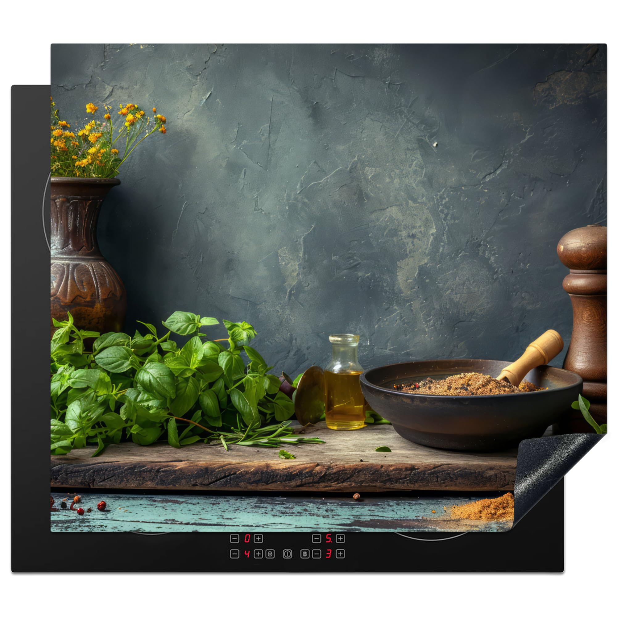 KitchenYeah© Herdabdeckplatte Einteilig Ceranfeld Abdeckplatte für Induktionsschutz Ceranfeldabdeckung Vinyl Herdabdeckplatten Küche - Blätter - Regal - Beton - 60x52 cm