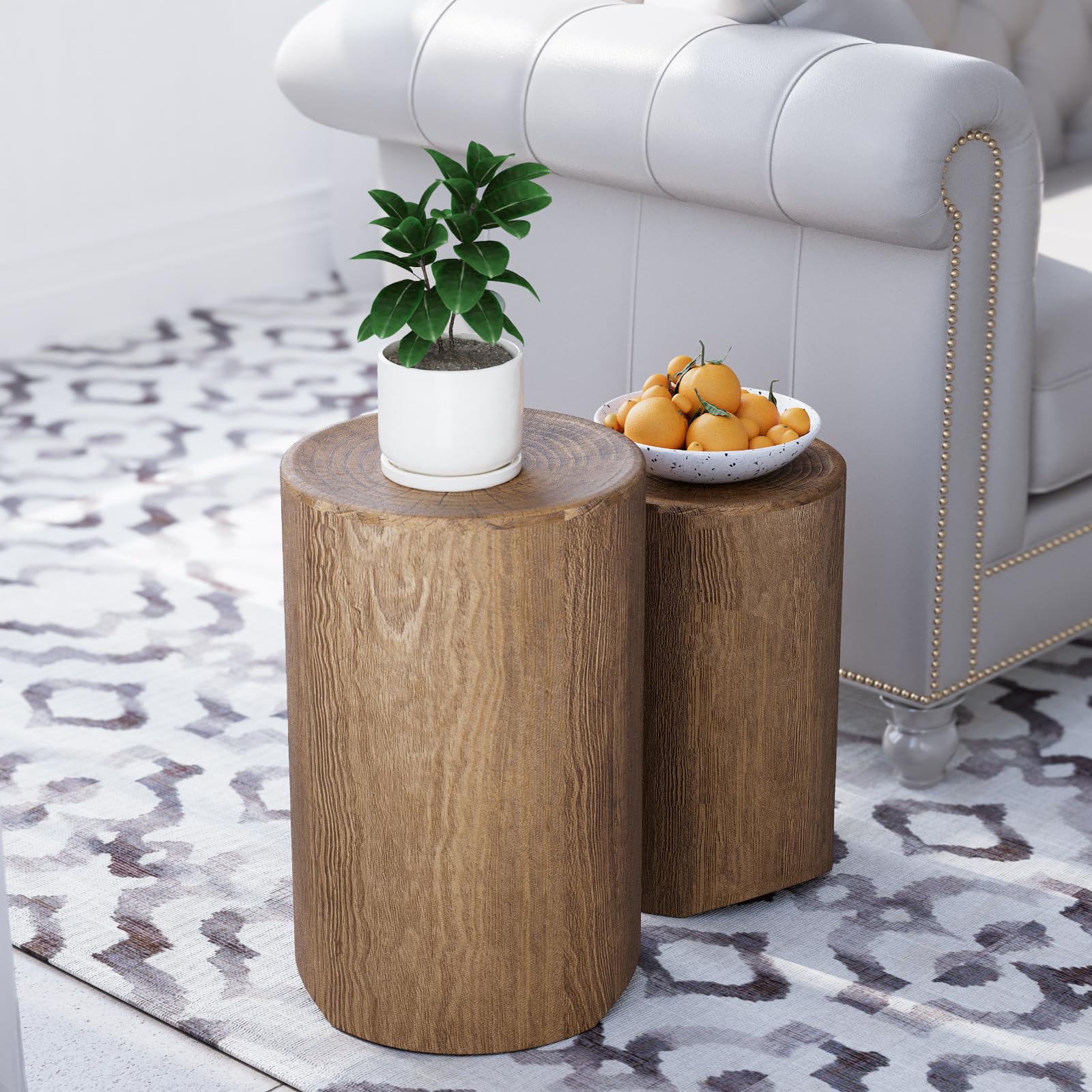 SUNBURY Concrete Side Table Set of 2, Outdoor Side Table Nesting for Patio, Outdoor Accent Table Patio End Table in Woodgrain, Ceramic for Balcony,