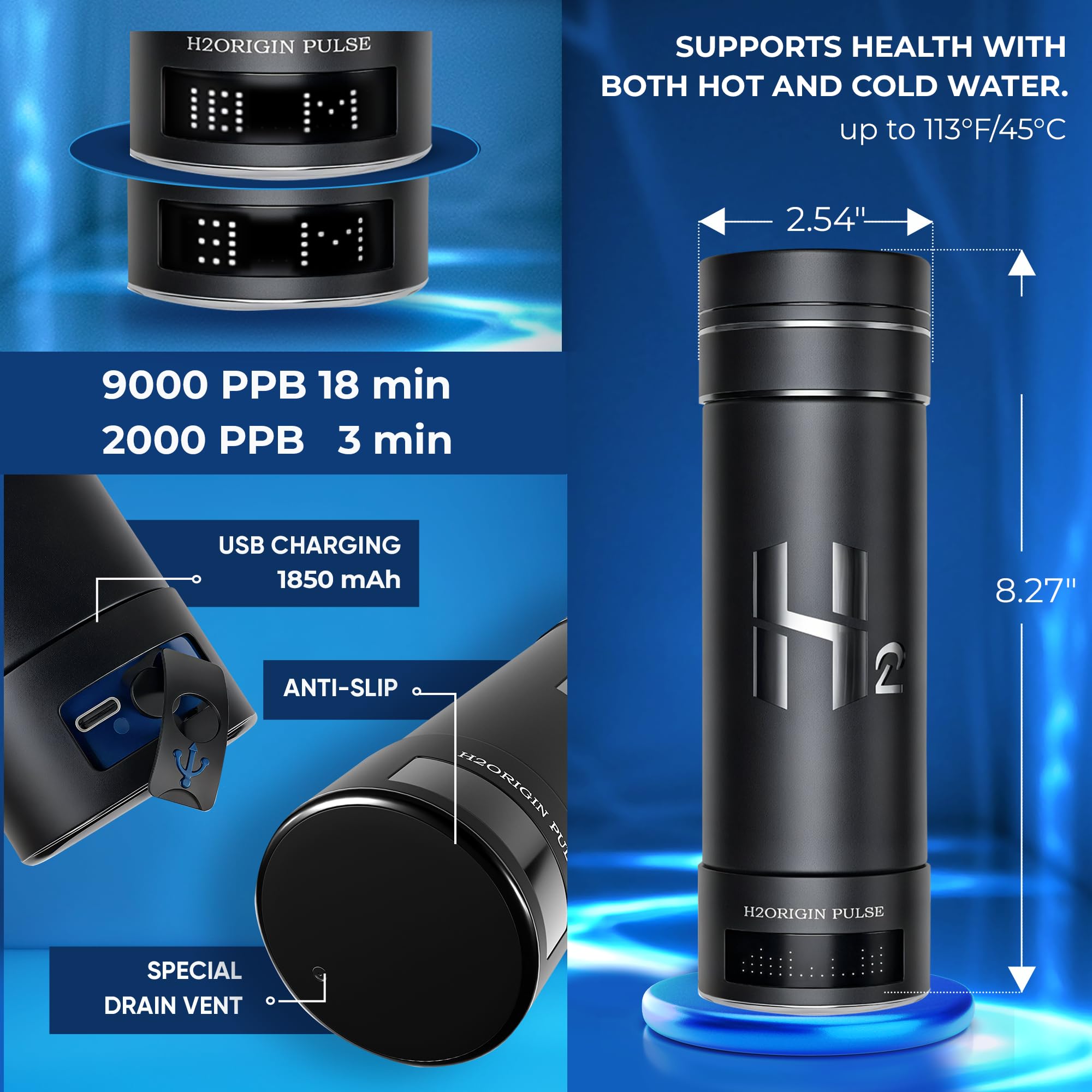 Botella de agua de hidrógeno – Generador de hidrógeno portátil 3 en 1 de 10.5 onzas, tecnología SPE/PEM de alta concentración, adaptador universal y spray de niebla refrescante