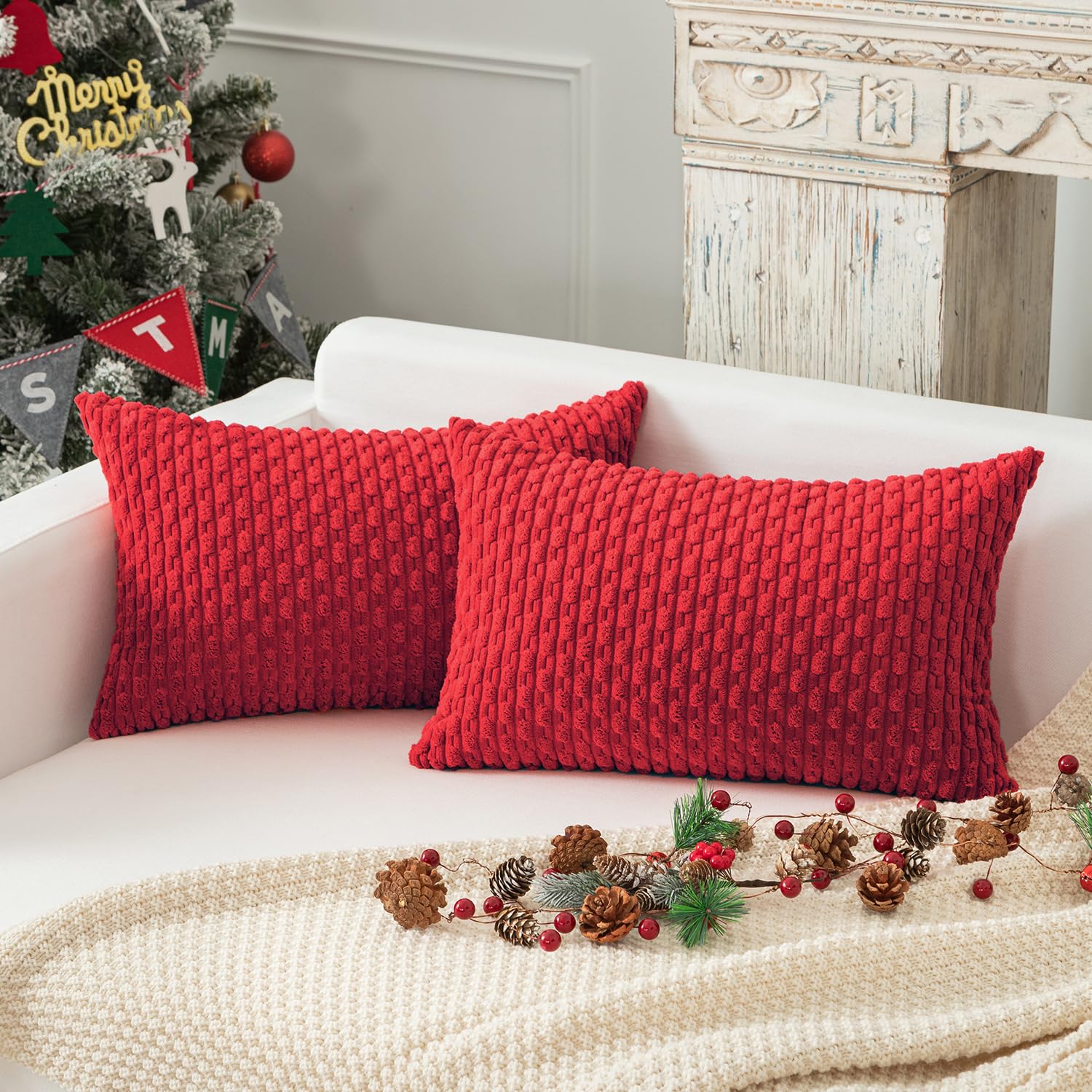 Kevin Textile Boho Cushion Covers 30 x 50 cm Set of 2 Soft Striped Corduroy Decorative Rectangular Lumbar 12x20 Inch Pillowcases with Invisible Zipper for Chair Couch Sofa Bedroom, Red โ image 1
