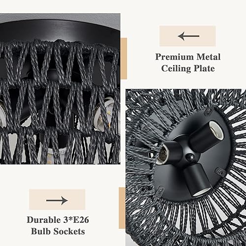 Miniatura 4 de Lámpara de ratán para montaje en techo, 3 luces de techo boho empotradas, lámpara de pantalla de jaula tejida a mano, lámpara de ratán rústico para