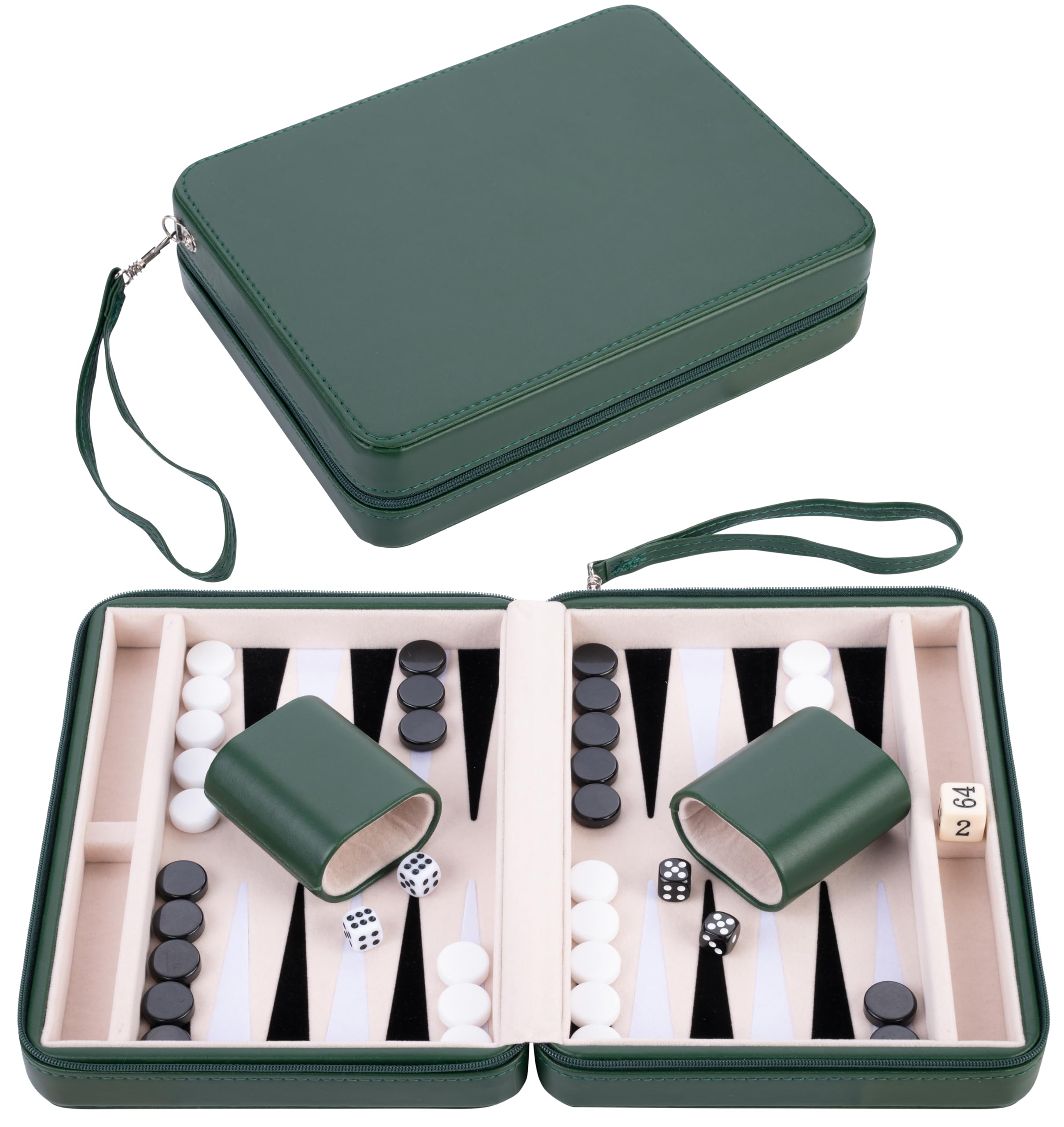 Engelhart - 250503 - Backgammon Da Viaggio 9" In Borsa Verde Con Cerniera – Interno In Feltro Crema/Nero/Bianco – Accessori Inclusi-image