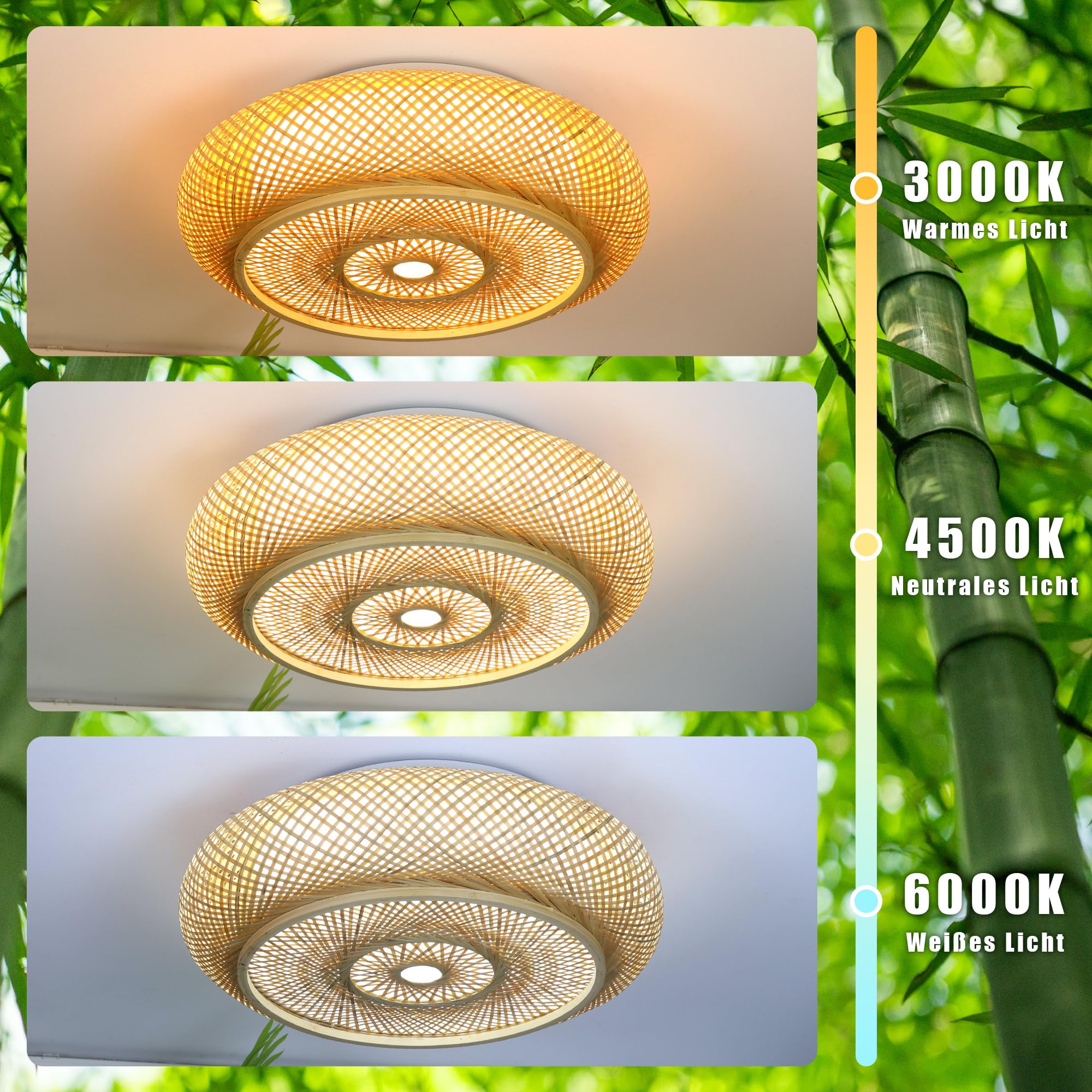 AOEH Deckenleuchte Bambus Deckenlampe LED Holzlamp Fernbedienung Dimmbar Bambus Handgewebte Natürlicher 40W Retro Deckenlampe Rattan,Rund Decke Bambuslampen Für Schlafzimmer Wohnzimmer Flur,40cm
