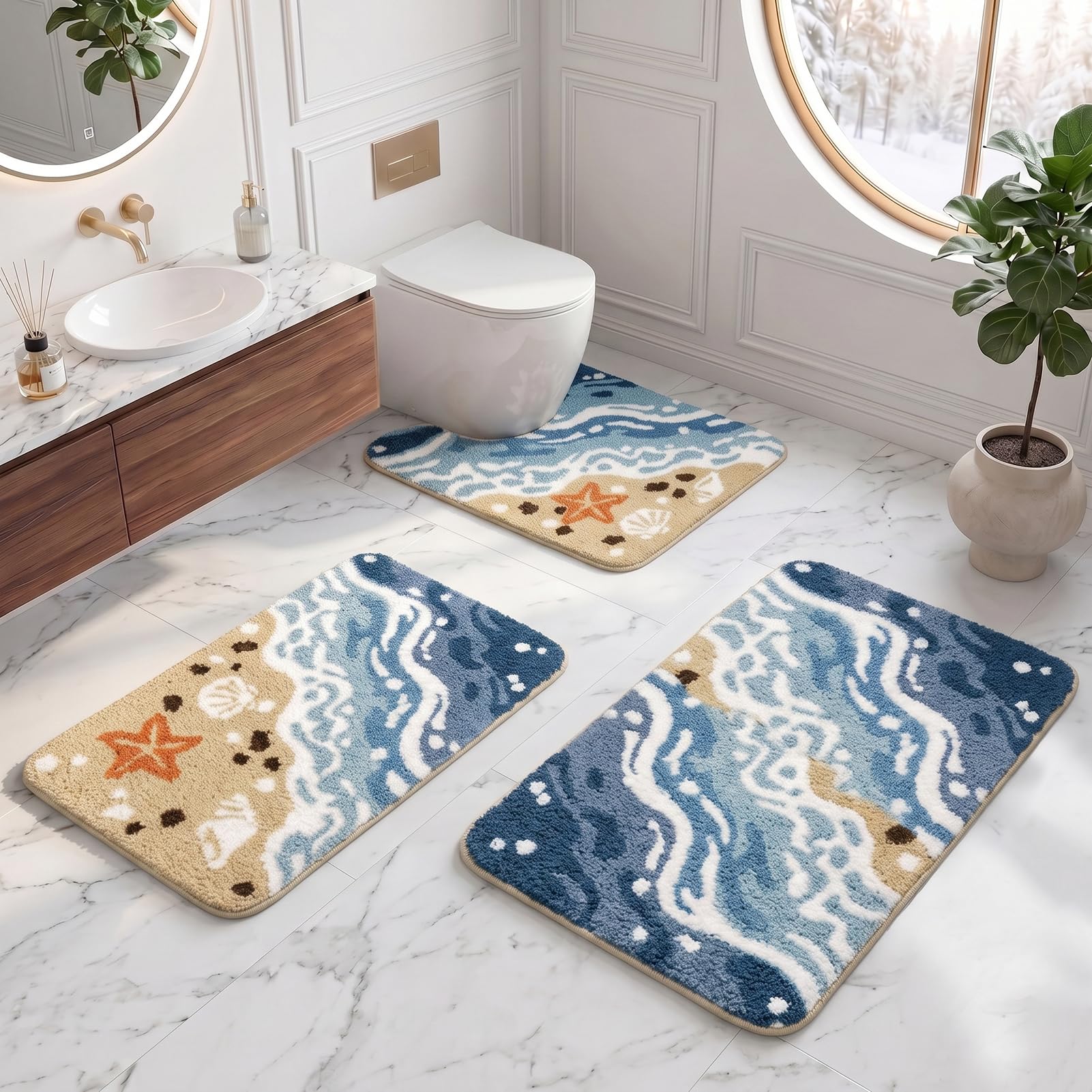 Britimes Badteppich, flauschig, Mikrofaser, rutschfest, mit U-förmiger Kontur, WC-Vorleger, wasserabweisend, weich, saugfähig, waschbar, für Badewanne, Dusche, Waschküche, 3-teilig