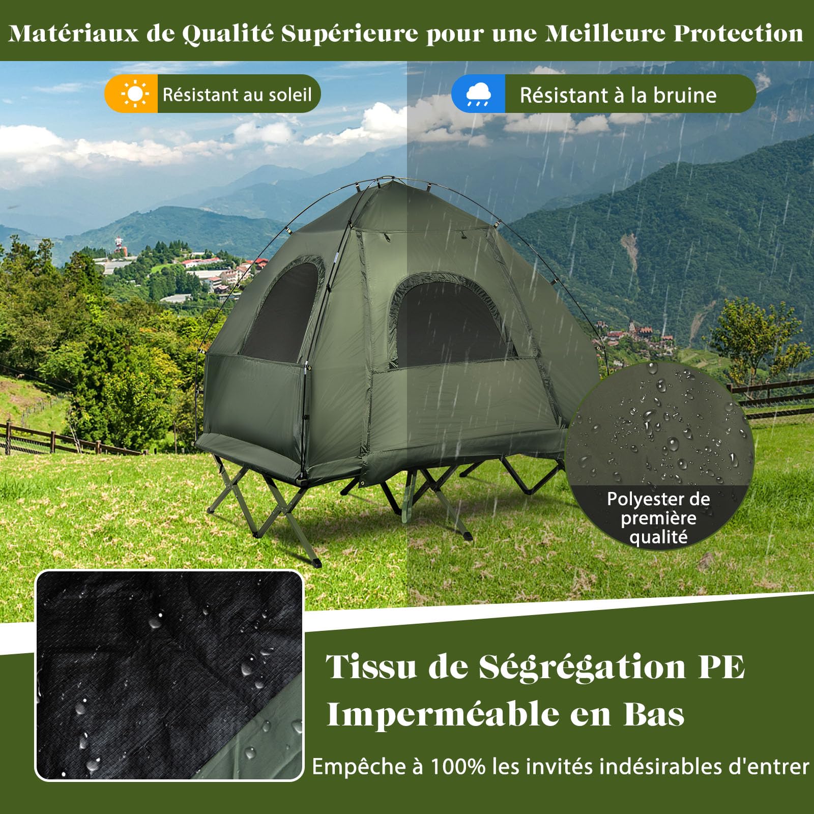 GYMAX Tente avec Lit de Camping pour 1/2 Personnes, Bâche Anti-Pluie Supplémentaire, pour Randonnée, Pique-Nique, Pêche