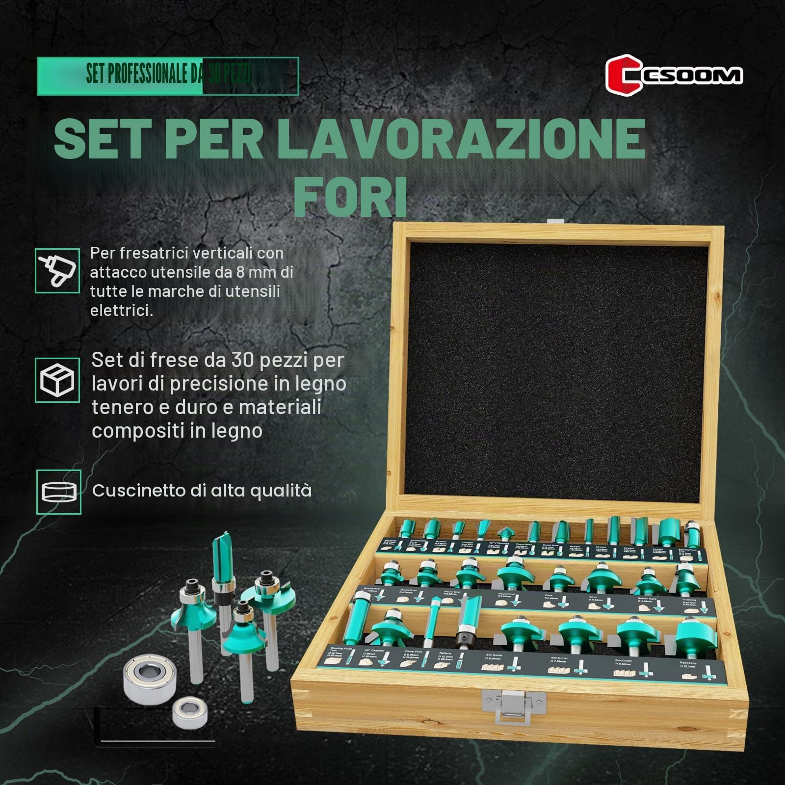 CSOOM Set di 30 frese professionali per la lavorazione del legno con cuscinetti di ricambio, adatto per fusto da 8 mm, lame in lega dura, utensili per la lavorazione del legno, confezionati in robuste