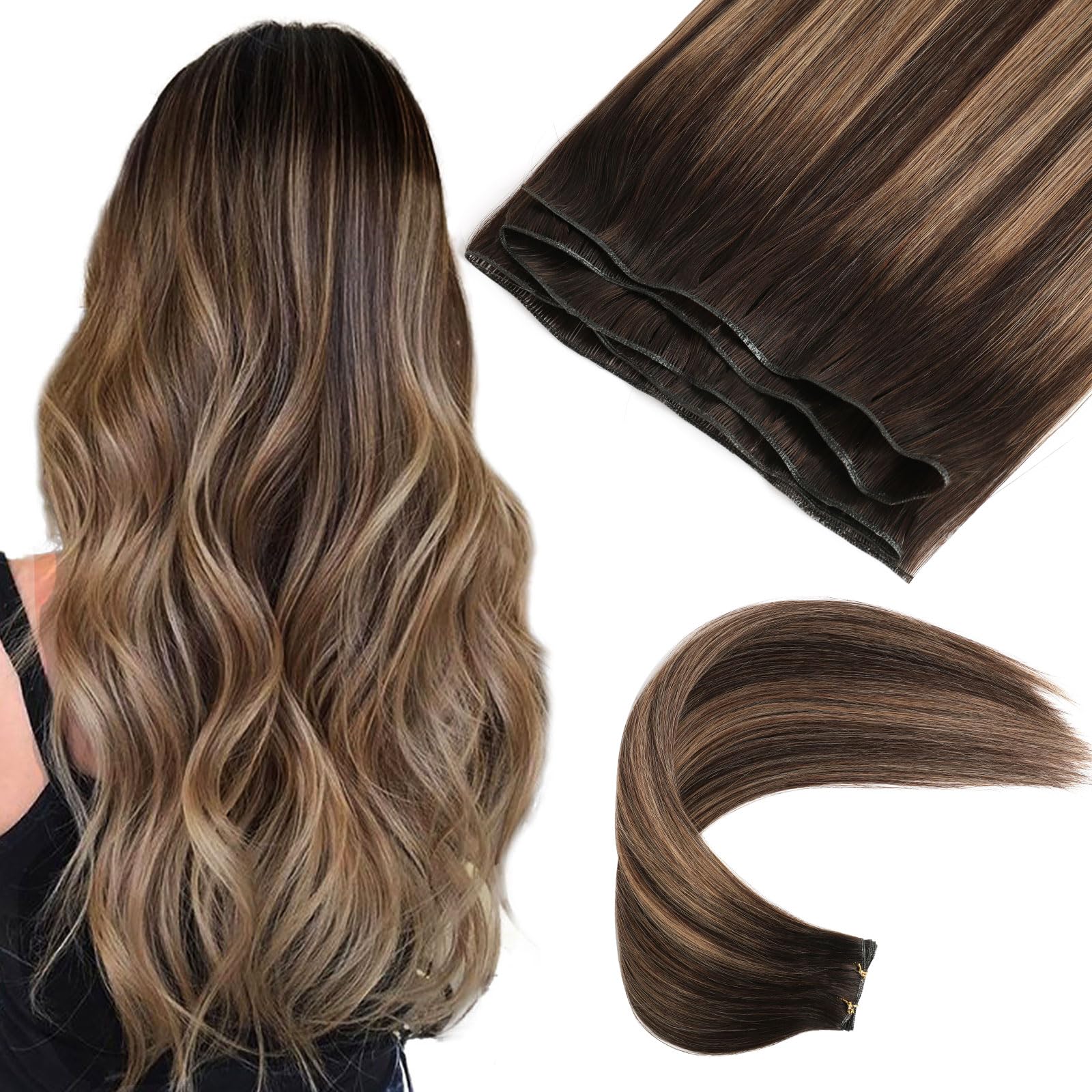 ABH AMAZINGBEAUTY HAIR 20 Inch Genius Weft Hair Extensions Human Hair Darkest Brown Highlighted Chestnut Brown Sew in Hair Extensions Real Human Hair