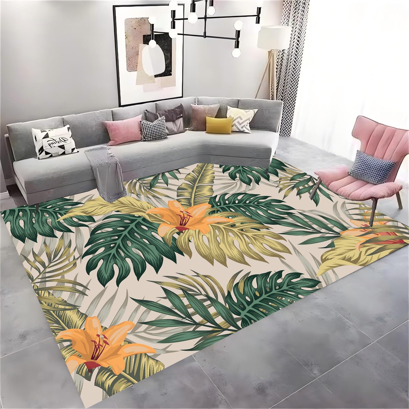 Tropical Palm Tree Leaves Area Rug - 160x230 Cm Rugs - Summer Jungle Turtleback Banana Leaf Pattern Rug Cozy Low Pile Thin Printed Carpet, Easy Clean Durable Washable Carpets for Family Bedroom Sofa