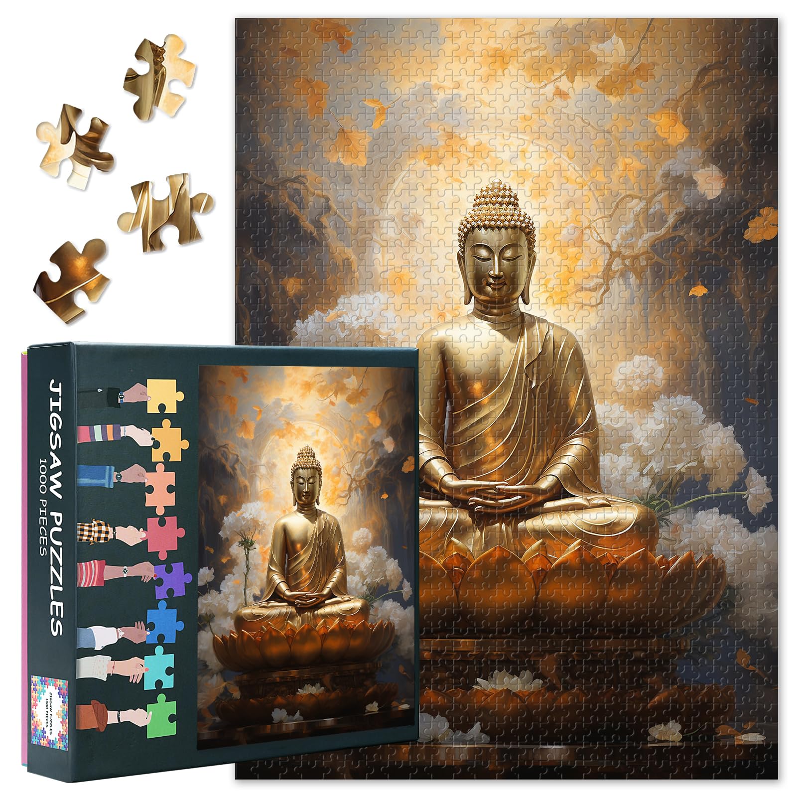 Jigsaw Puzzles for Adults 1000 Pieces, Gold Buddha in Meditation with White Flowers, Premium Adult Puzzles