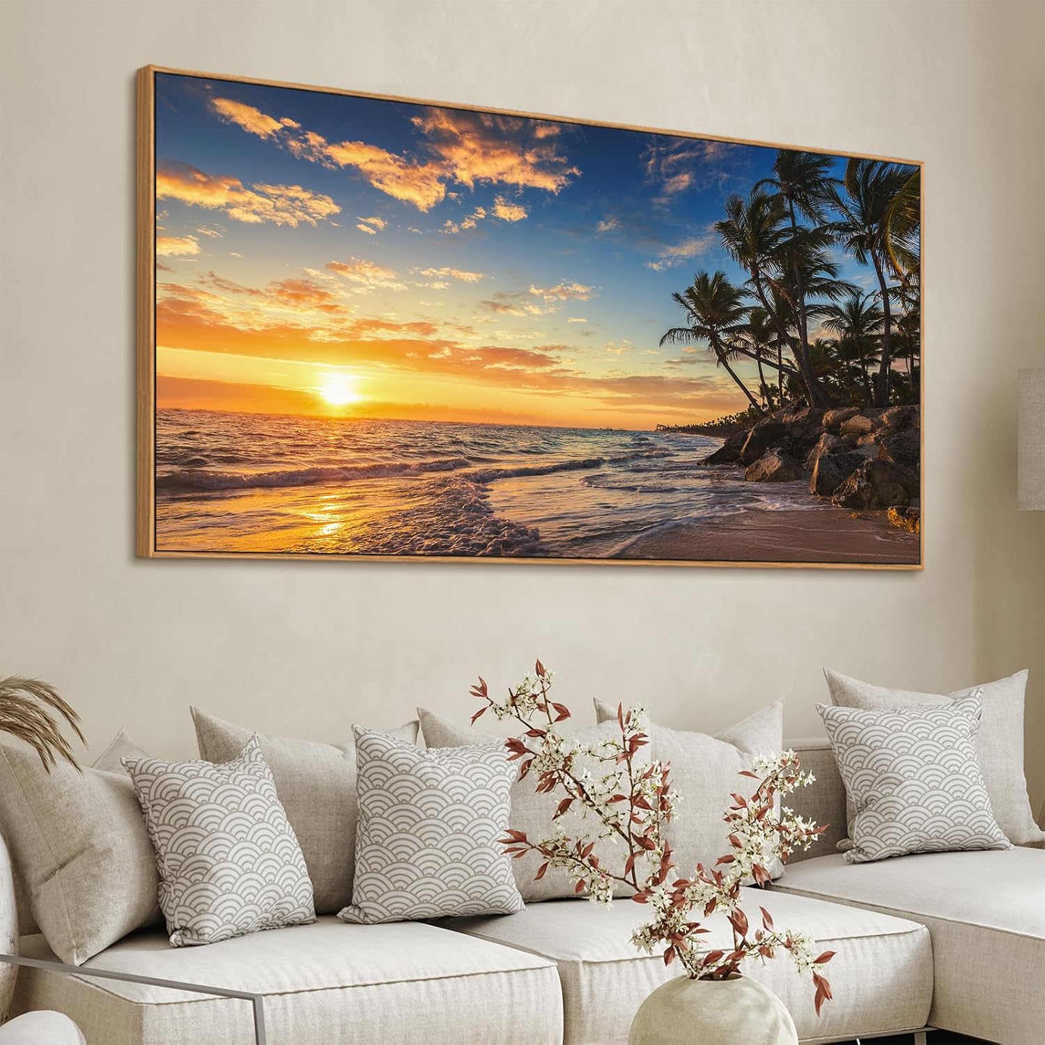 Framed Sunset Beach Wall Art - Tropical Island Beach Pictures Natural Beauty Scene Wall Decor Coastal Ocean Waves Painting Coconut Trees Canvas Print Artwork Home Office Decoration 29" x 58" Sunset Tropical Island Beach Framed 58L" x 29W"