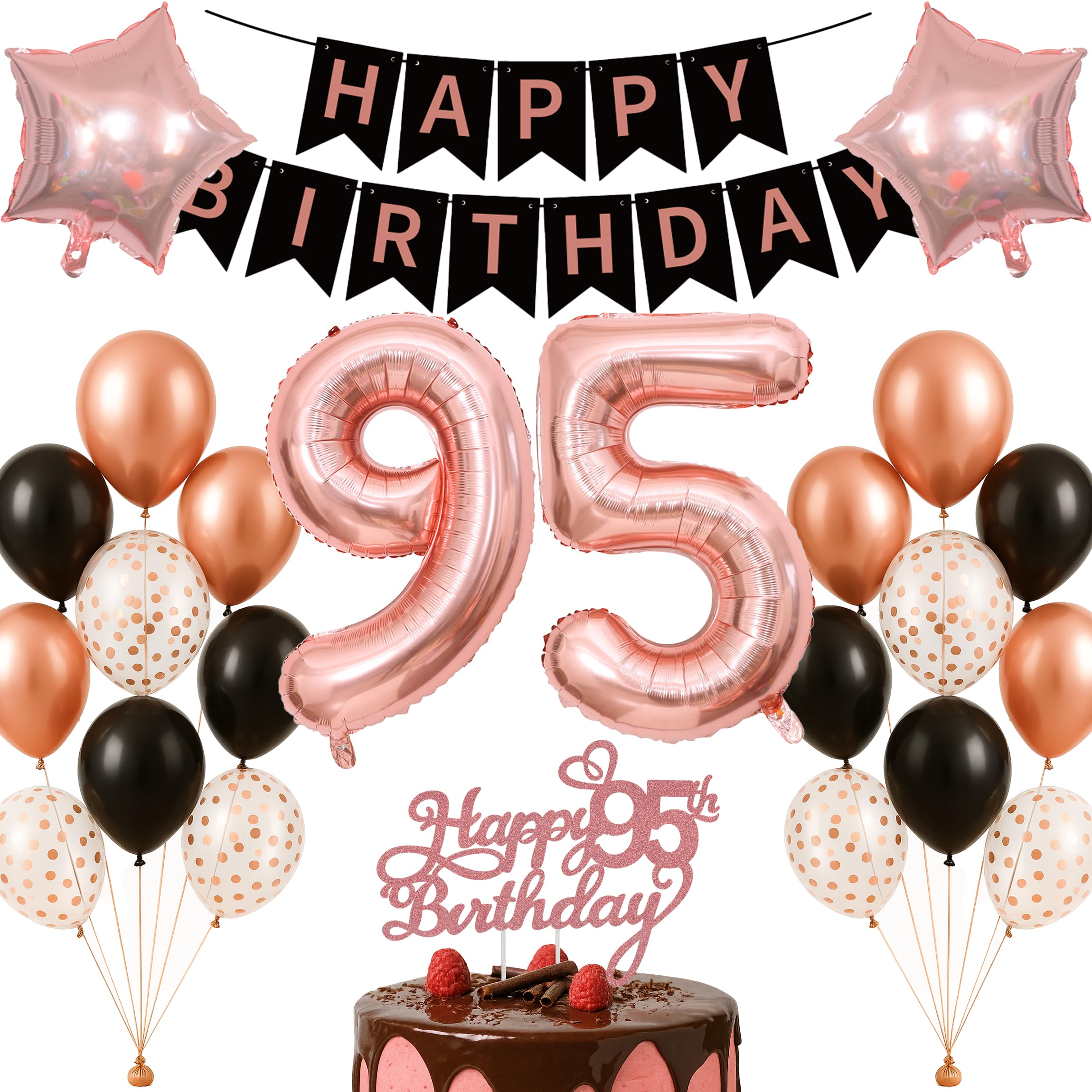 95th Birthday Decorations Set Rose Gold Black Theme Happy Birthday Banner Balloon Decor Photo Backdrop for Women Men Adults Turning 95 Age 95 Milestone Age Party Supplies Celebration Decor Bunting Set