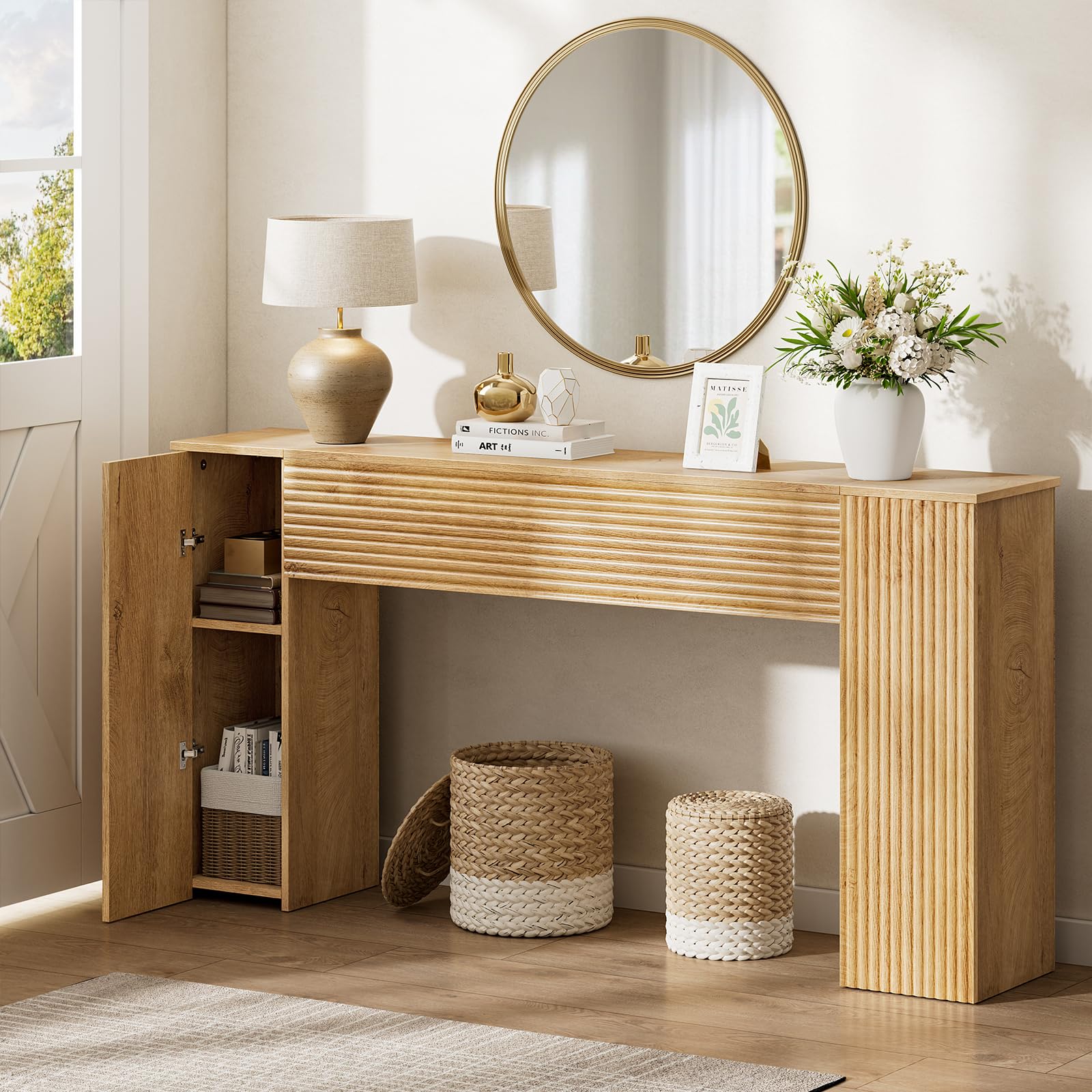 Mossora 61'' Fluted Long Console Table, Wooden Rectangular Sofa Table, Narrow Entryway Table with 2 Hidden Storage Cabinets for Entrance, Hallway, Living Room, Foyer, Wood