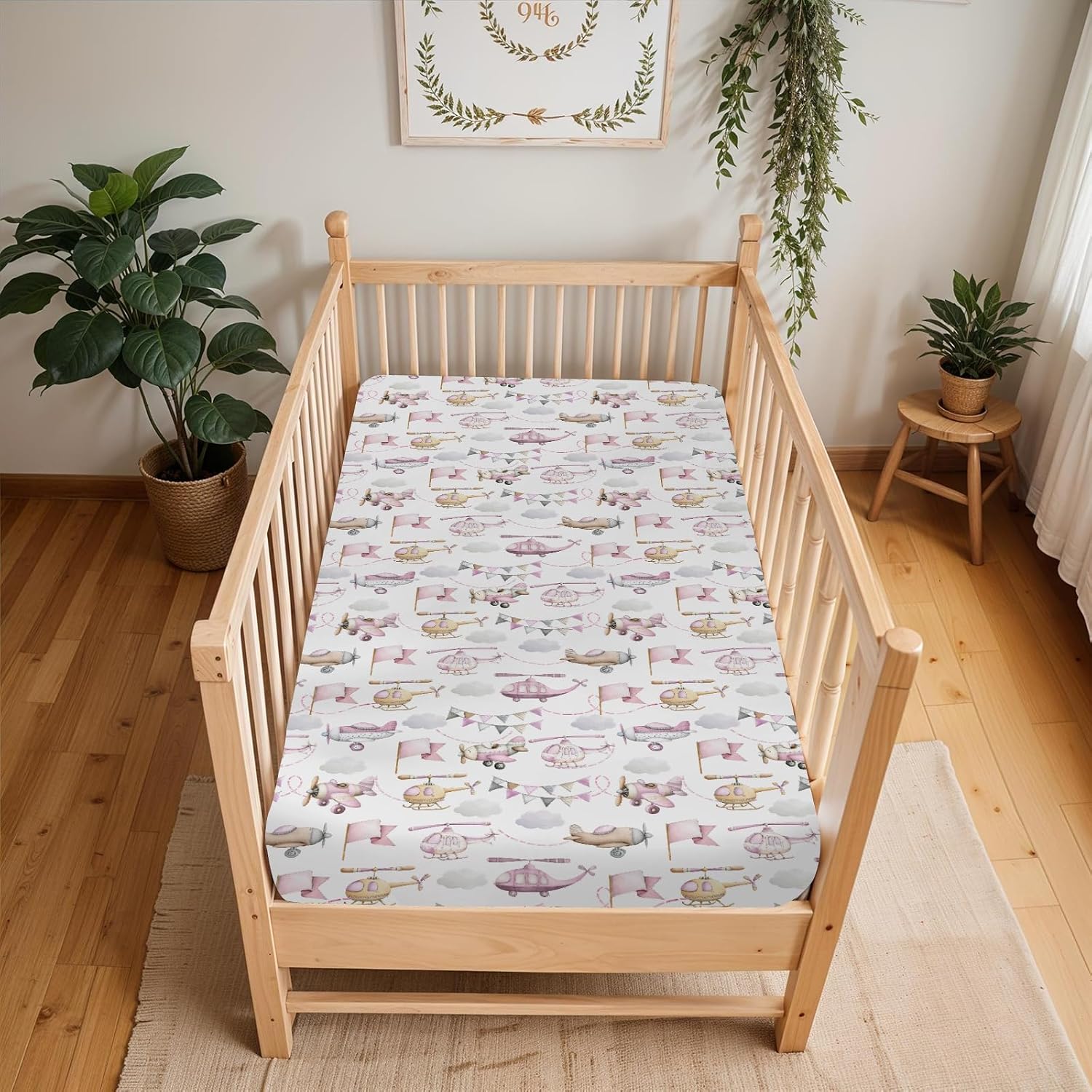 Watercolor Pink Airplanes Helicopters Baby Crib Sheets for Boy Girl 52x28Inch Vintage Aircraft Soft Snug Fitted Crib Mattress Cover Air Transport Travel Baby Sheet for Crib & Toddler Bed Mattress