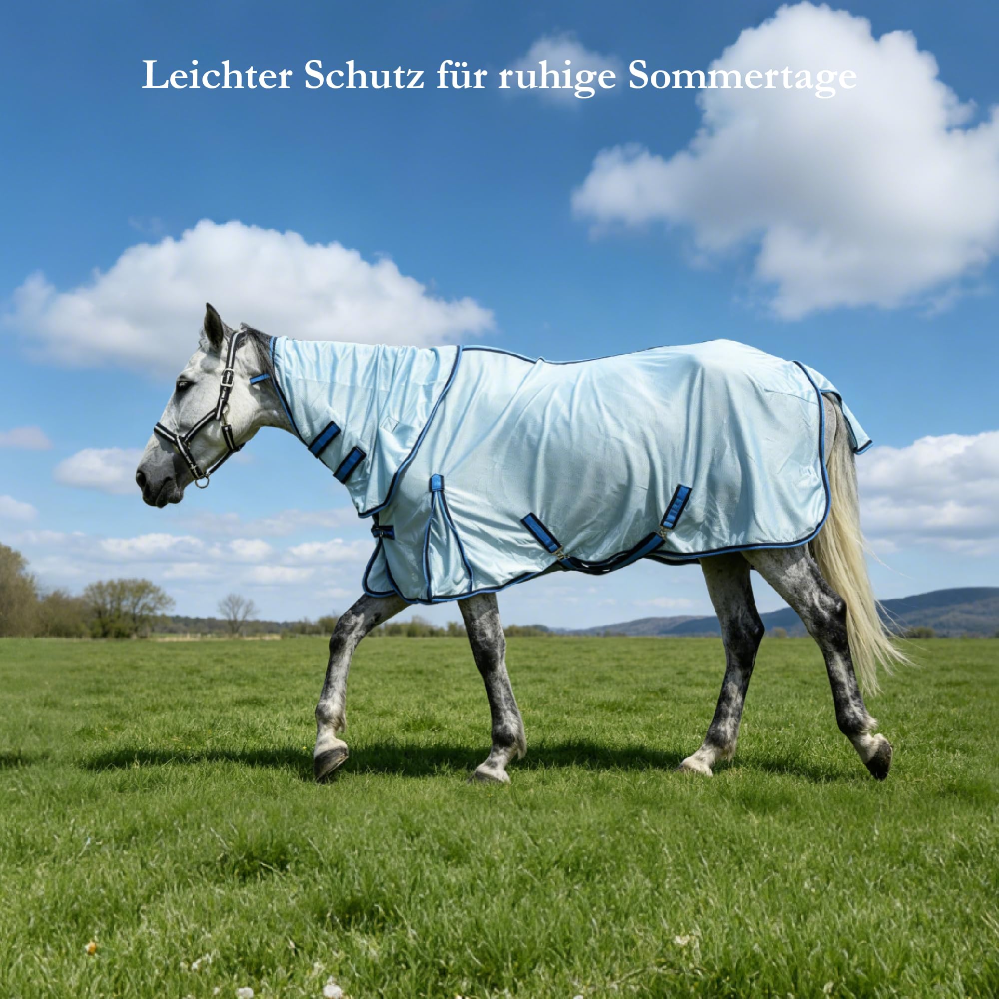 Manta antimoscas para caballo, transpirable, con cuello extraíble, color azul, 120 cm | Manta de verano ligera con correa cruzada ajustable, tejido de malla grande y gran comodidad para caballos sensibles