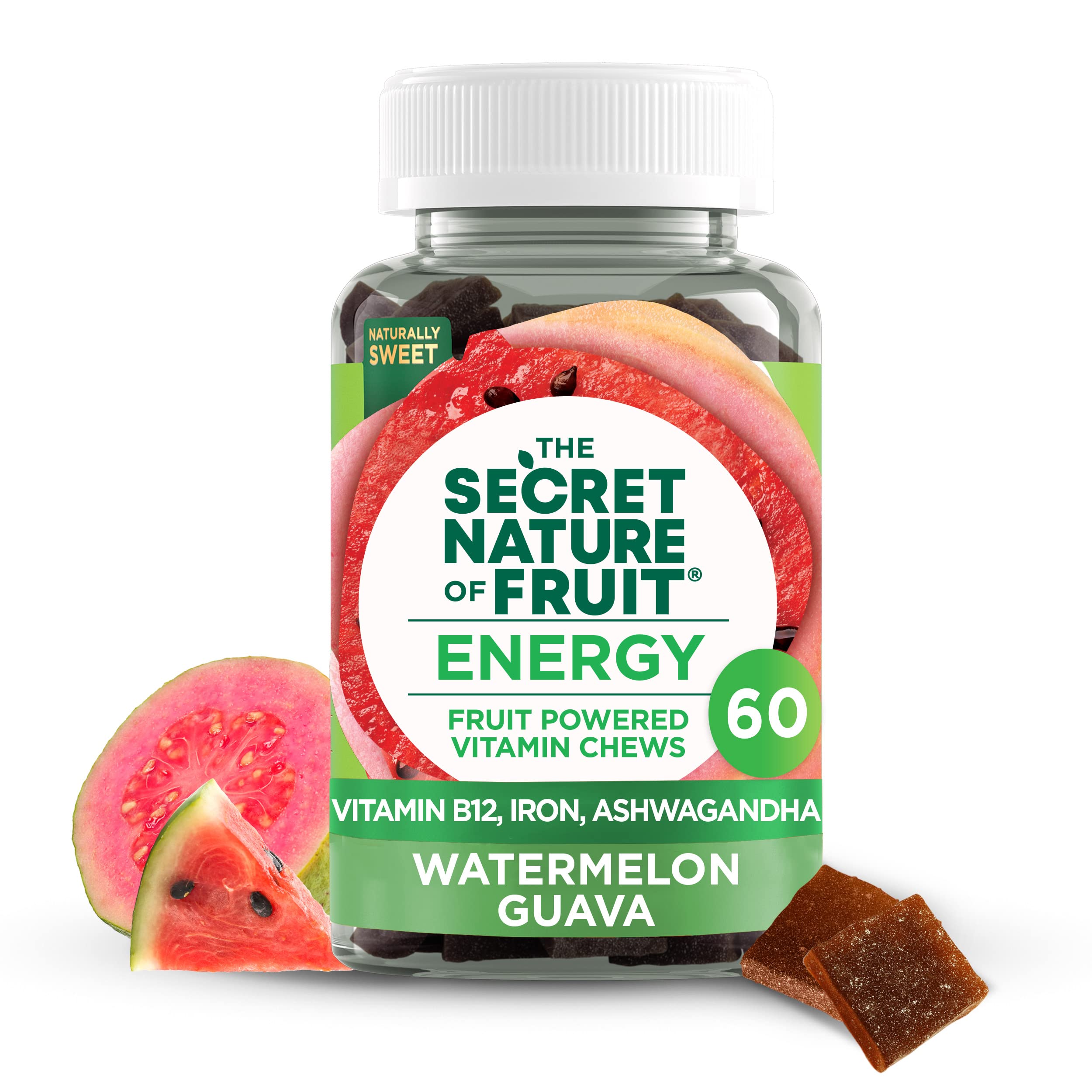 The Secret Nature of Fruit Energy Chews, Real Fruit Powered Vitamin Chews with Vitamin B12, Iron, Ashwagandha, Watermelon & Guava for Long Lasting Energy (60 Count), Pink