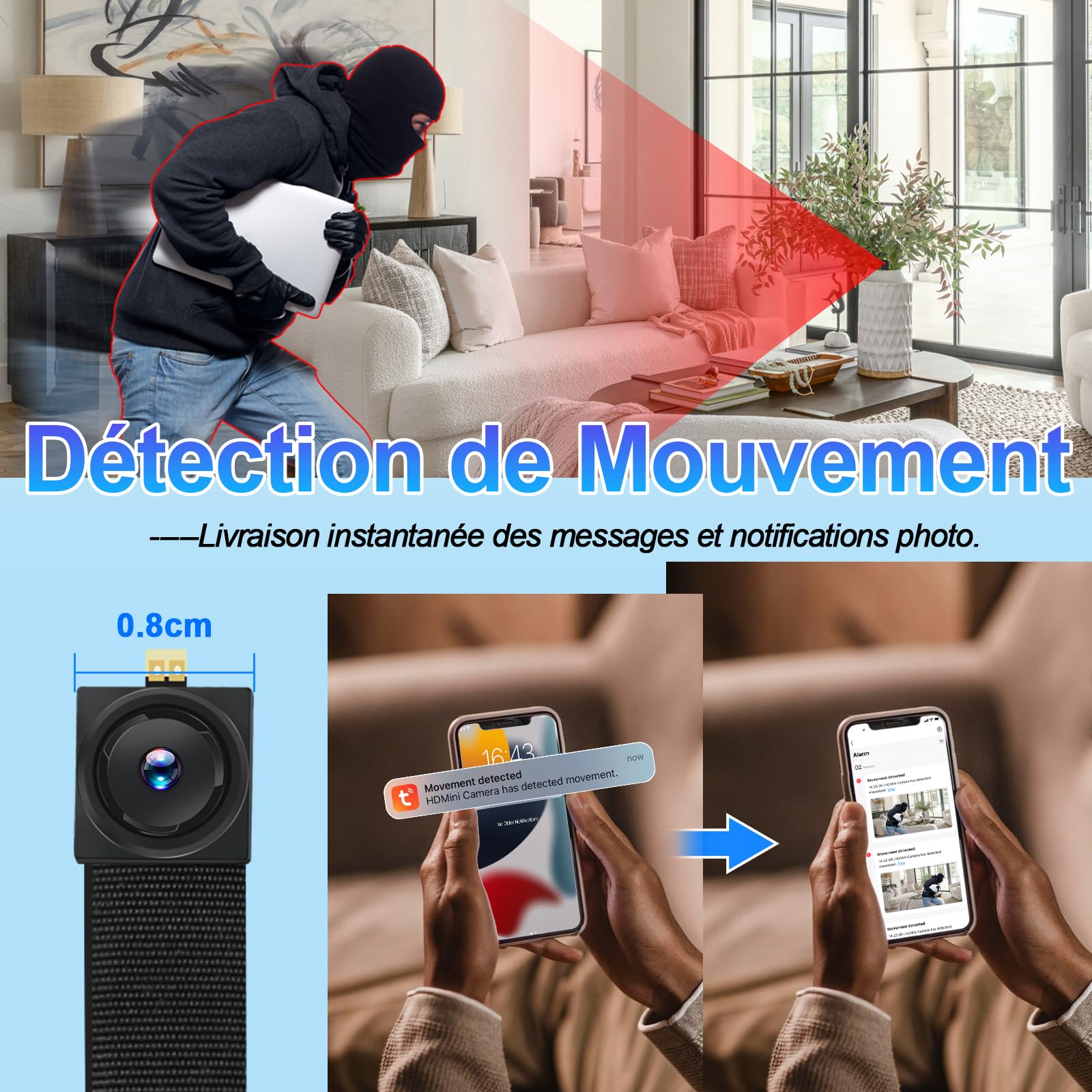Camera Espion Mini 1080P WiFi Double Bande, Détection Mouvement | 5-6h batterie, 120° grand angle, 2.4G & 5G, enregistrement en boucle, application