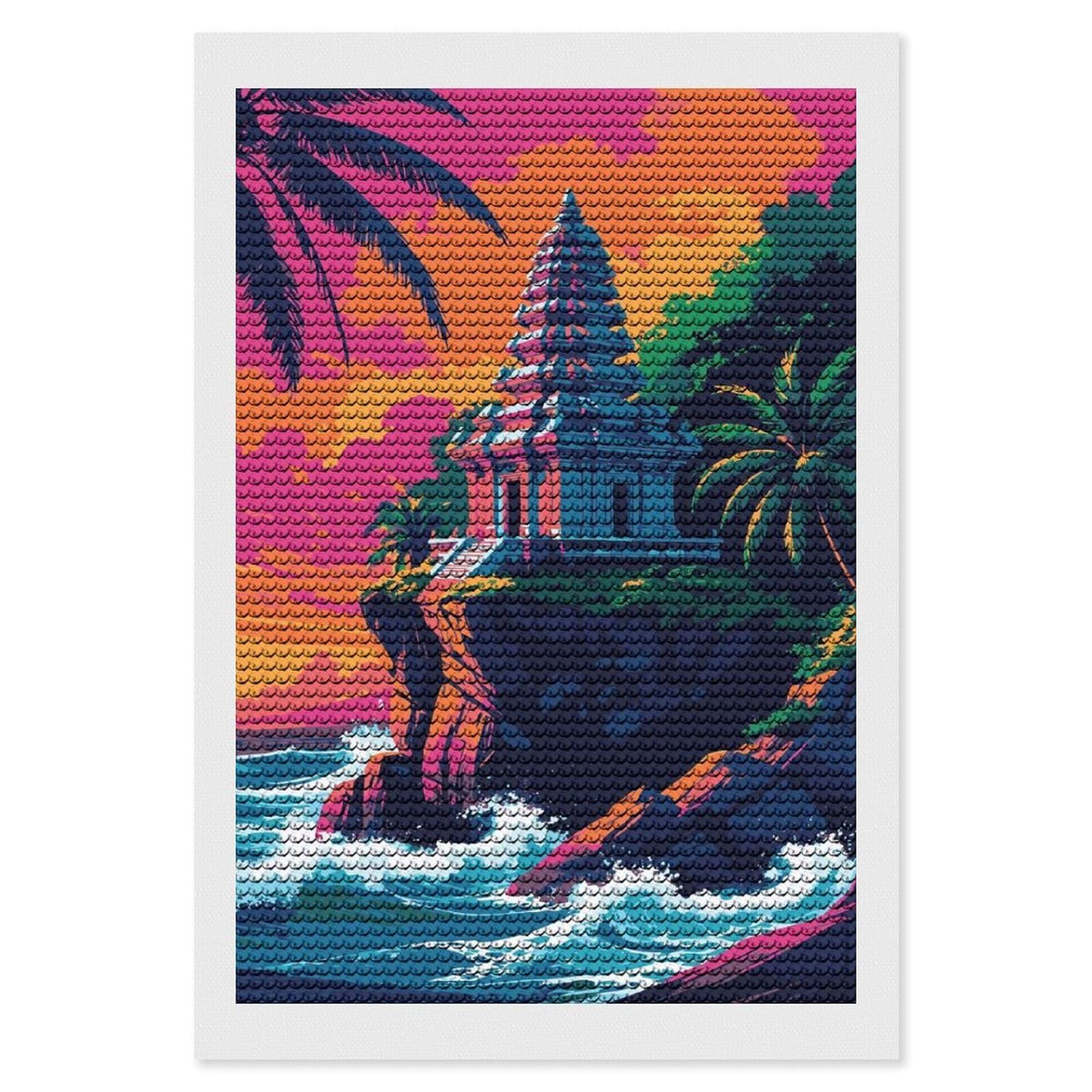 Junmoney Tropical Temple on Cliffside Art Diamond Painting Canvas Set 8"x12", for Adults, Bedroom Decor, Good for Quiet Evenings, Festive Craft Gift