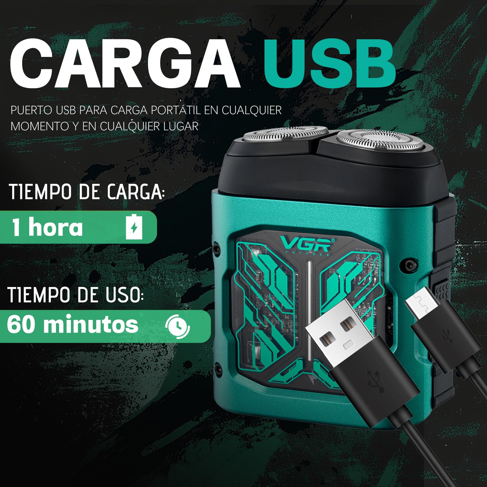 VGR 344 Mini Afeitadora Electrica Hombre, Afeitadora Electrica Hombre Portátil de Viaje con Cuchillas Giratorias Dobles Magnéticas Para Una Fácil Limpieza, Resistente al Agua IPX6, Carga USB, Verde