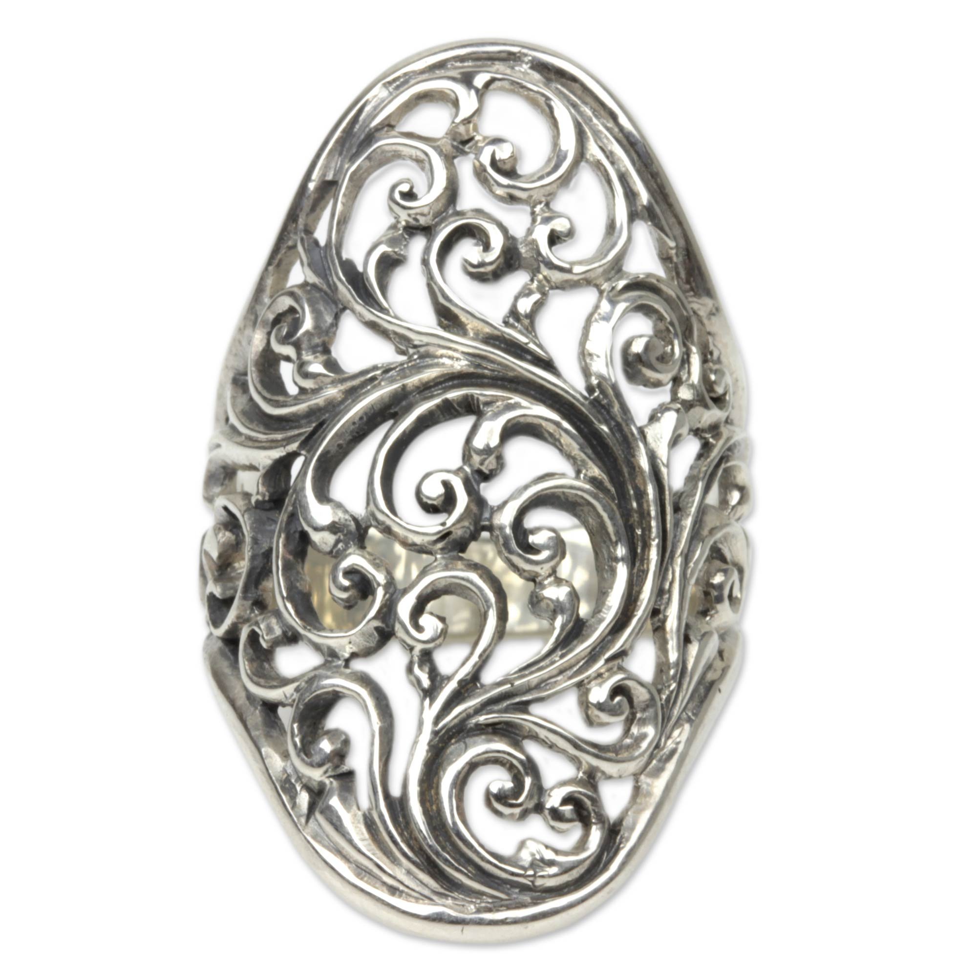 NOVICAArtisan Handmade .925 Sterling Silver Cocktail Ring Crafted from Indonesia Bohemian 'Sukawati Fern'