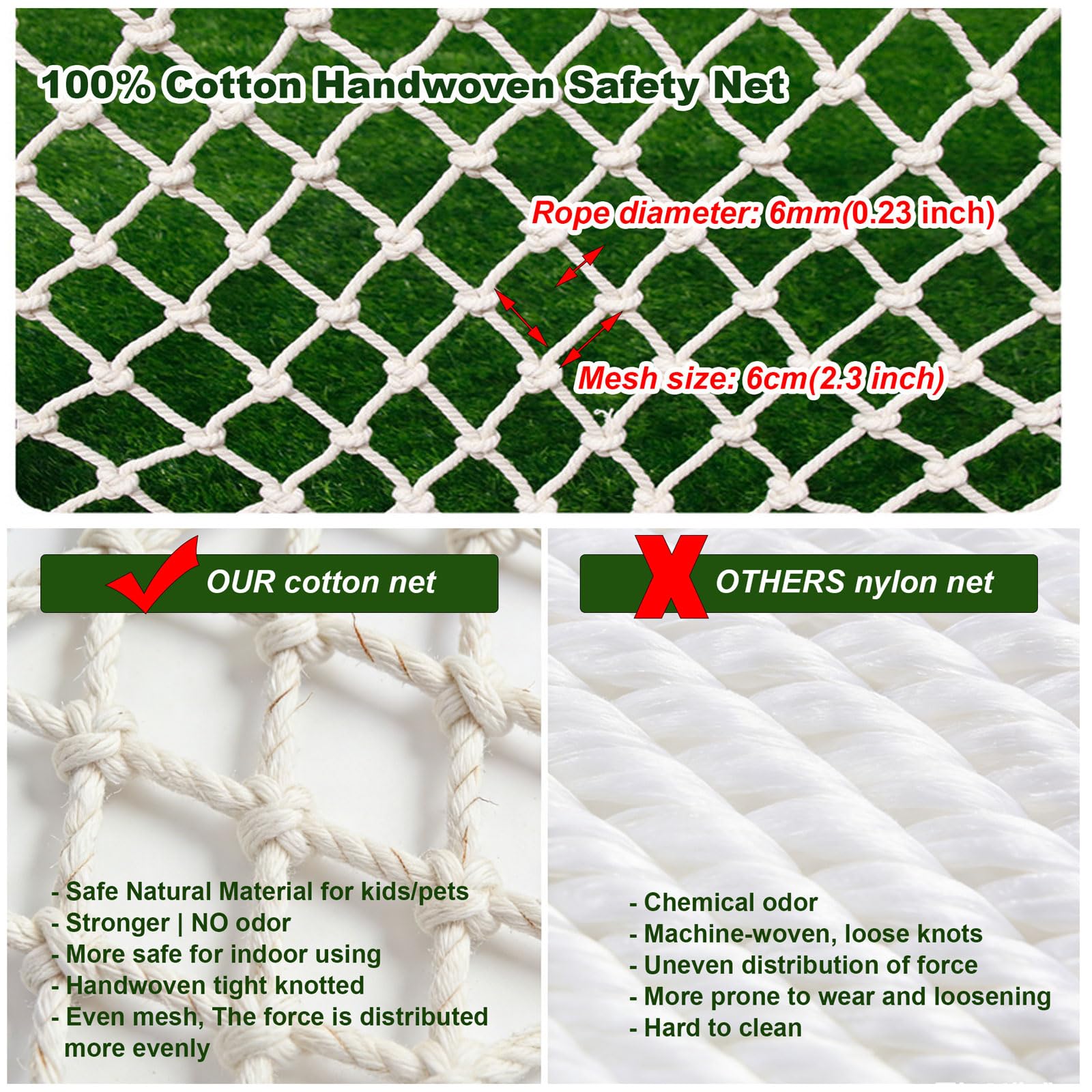 Rete Protezione Bambini Animali 100% Cotone Rete di Sicurezza per Balcone Finestre Terrazze Giardini Ringhiera Morbido e Resistente Universale Resistente Alle Intemperi(Size:1*3m(3*10ft),Color:Bianco)