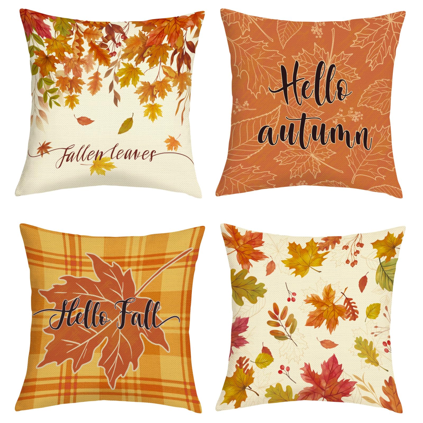 Federe Decorazione Autunnale Lino Set Di 4 Federe Cuscino Autunnali 45.7x45.7 Cm Con Stampa 2 Lati - Motivi Zucche, Foglie, Ringraziamento Federe Lino 45x45 Cm