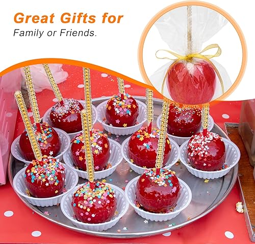 Miniatura 5 de Kit de 24 palos para manzanas de caramelo, 24 palos brillantes para manzanas con pedrería de rinestone de madera con 24 bolsas 25 yardas de cinta