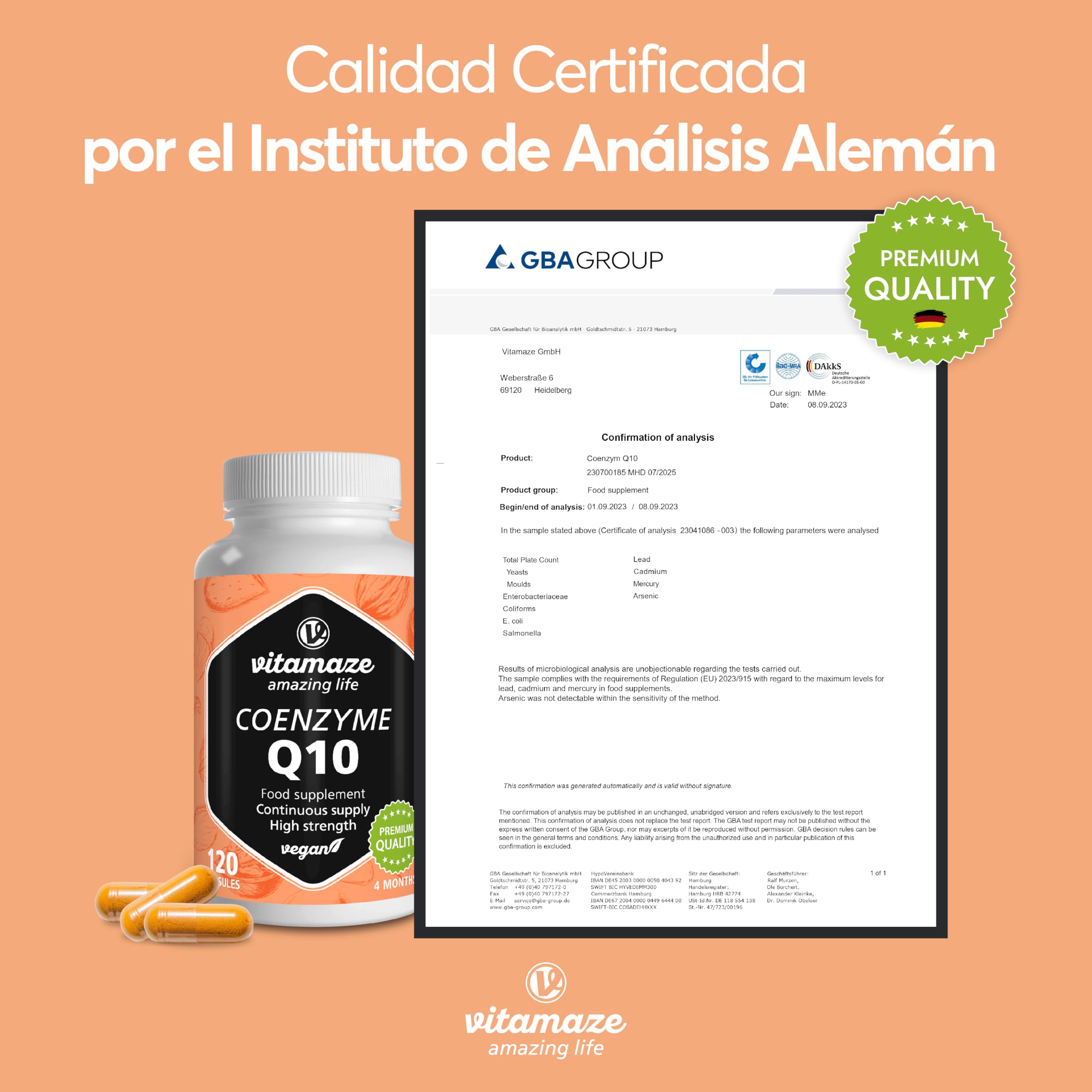 Coenzima Q10 200mg 120 Cápsulas Veganas para 4 Meses, Contiene Ubiquinona, Coq10 Naturales Antioxidantes de la Mejor Biodisponibilidad, Calidad Alemana, sin Aditivos Innecesarios - Vitamaze®