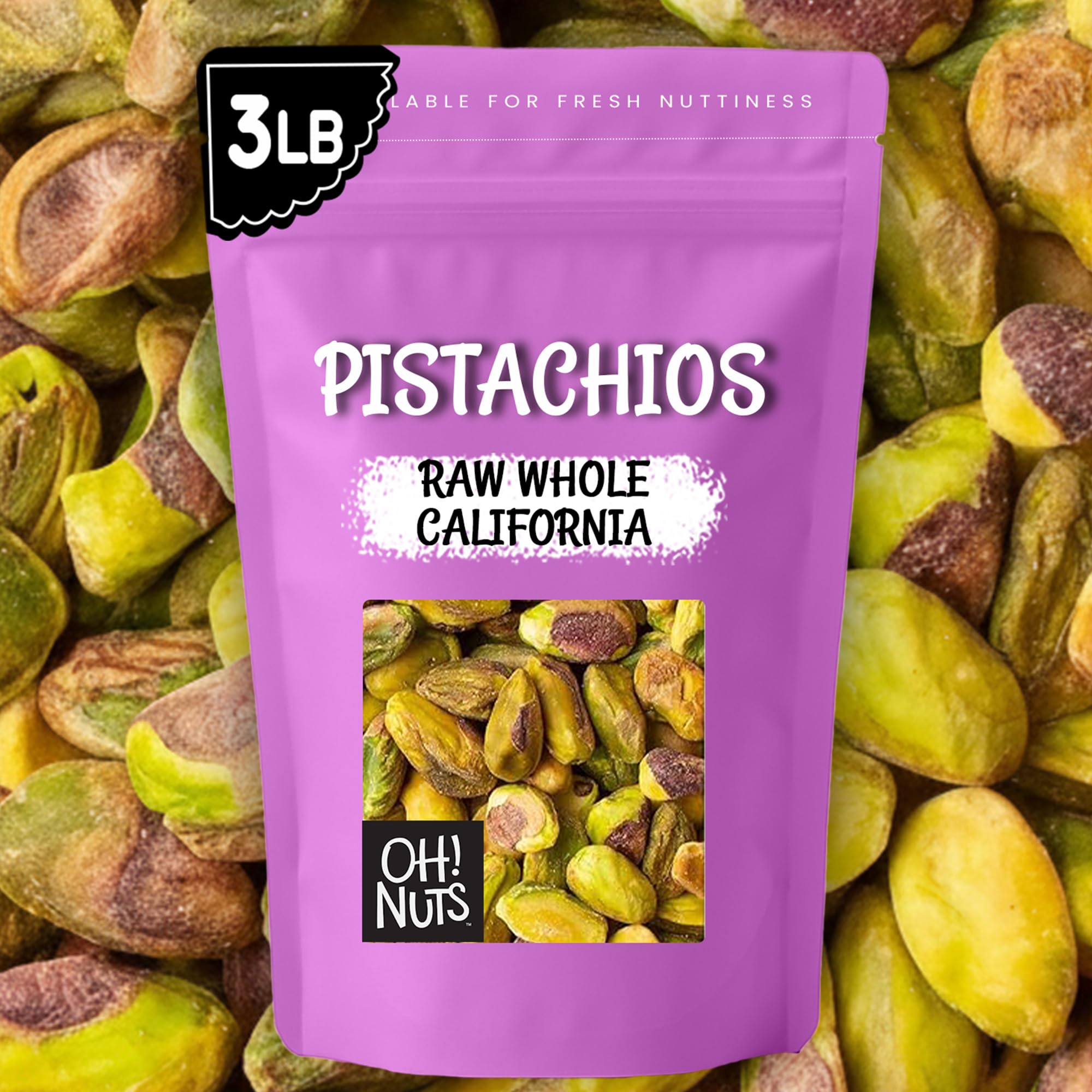 Oh! Nuts Pistachios No Shell - Raw - 100% Natural - 3 lb - Raw Whole California Pistachios - Packed in New York Zip-Seal Bag for Exceptional Freshness