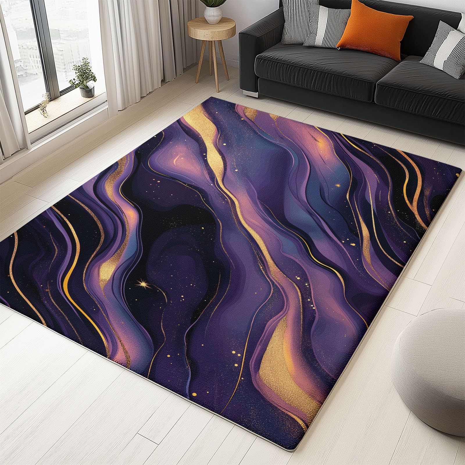 Lavabile in Lavatrice Tappeto per Soggiorno Camera da Letto Ufficio Decorazione 120 x 180 cm, Arte Digitale Texture Marmo Vortici Tema Flanella Tappeti con Supporto Antiscivolo, Viola